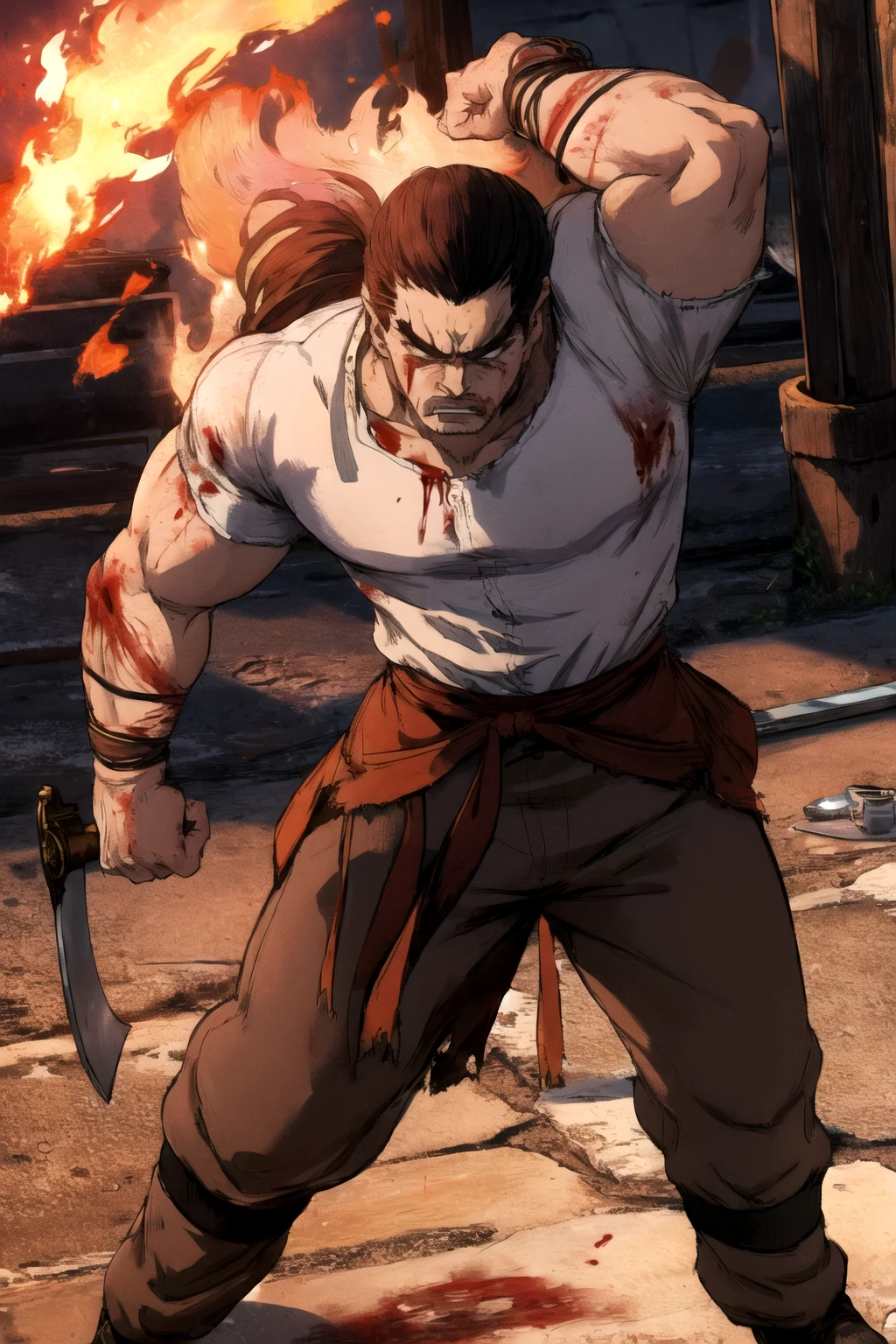 (masterpiece, highres, detailed),full body,<lora:vinstyle-01>,vinstyle,1boy,muscular,abs,(covered blood:1.3),very long hair,ponytail,black hair,(torn clothes:1.2),fighting stance,angry,anger vein,veins,holding sword,smoke,fire,night,