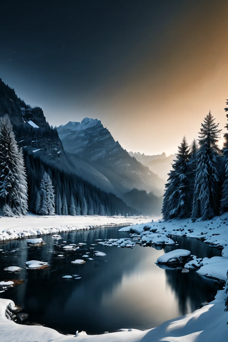 photo focus on landscape winter forest, frozen pond, snowing, cliffs, mountain ridge, chiaroscuro, twilight
highly detailed , background inside dark, moody, POV, by
<lora:Chiaroscuro_SD-v1_e5:1> , film, professional, 4k, highly detailed