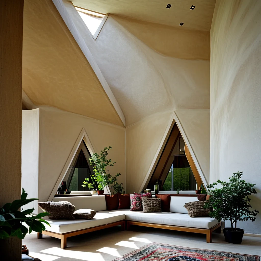 interior, angular architecture, adobe architecture, triangluar-perforated wall, dynamic angles, geometric facade, triangular motifs, sandy texture, <lora:AIDVN_TriangularAbode_v1:1>