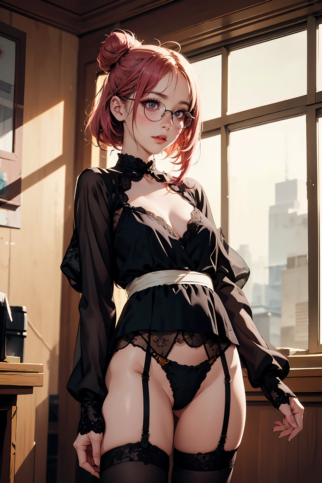 ( detailed realistic background:1), ( official art, beautiful and aesthetic:1 ), realistic lighting, cinematic lighting, hyperrealism, soothing tones, muted colors, high contrast, soft light, sharp, artistic photoshoot, ( cute, petite ), slender, pale cheeks, square face shape with angular jaw, natural "no-makeup" makeup, big breasts, pink hair , hair bun, lace dress, (casino), round glasses, ahoge, thighhighs, underwear, panties, black panties, garter straps, standing, people