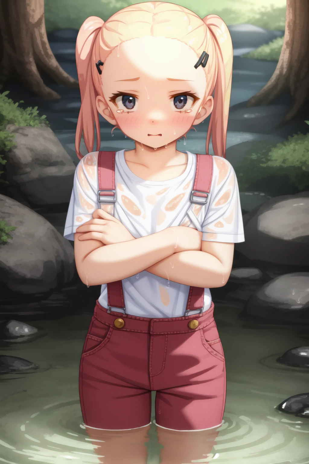 (masterpiece, best quality:1.2), 1girl, (:t:1.2), tearing up, black eyes, blonde hair, twintails, hairclip, forehead, flat chest BREAK white t-shirt, pink overalls, crossed arms BREAK (partially submerged:1.1), (wet, wet clothes, dripping), forest, river