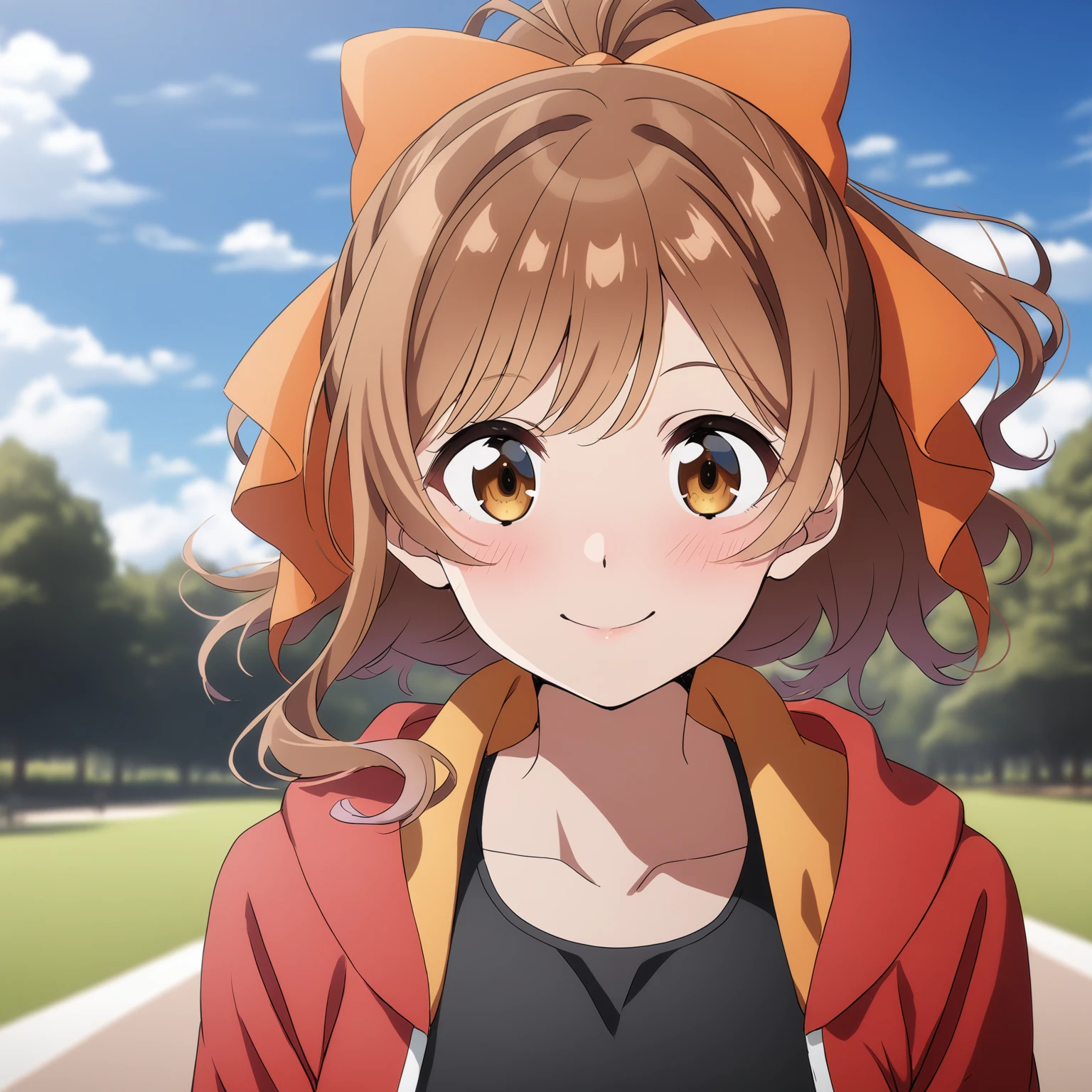 [high quality, best quality], [cinematic], 1girl, solo, miyama suzune, sportswear, hair bow, looking at viewer, smile, blush, outdoors, park, day, sky, cloud, [bloom, hdr], <lora:suzurena:0.64>