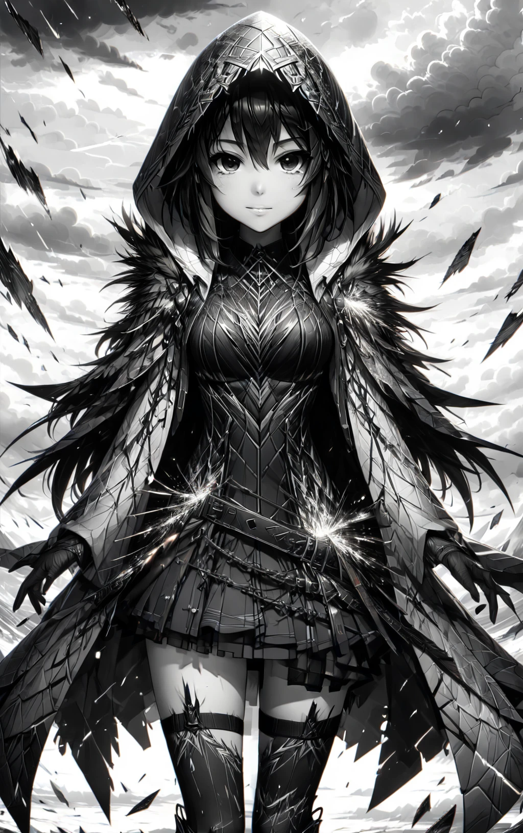 ShatteredCloth,girl,solo,breasts,looking at viewer,smile,bangs,skirt,black hair,thighhighs,dress,hair between eyes,closed mouth,standing,monochrome,greyscale,outdoors,sky,cloud,hood,cloudy sky,cloak,hood up,shattered effect clothes,shattered effect backround
<lora:add-detail-xl:0.8> <lora:ShatteredCloth:0.6>