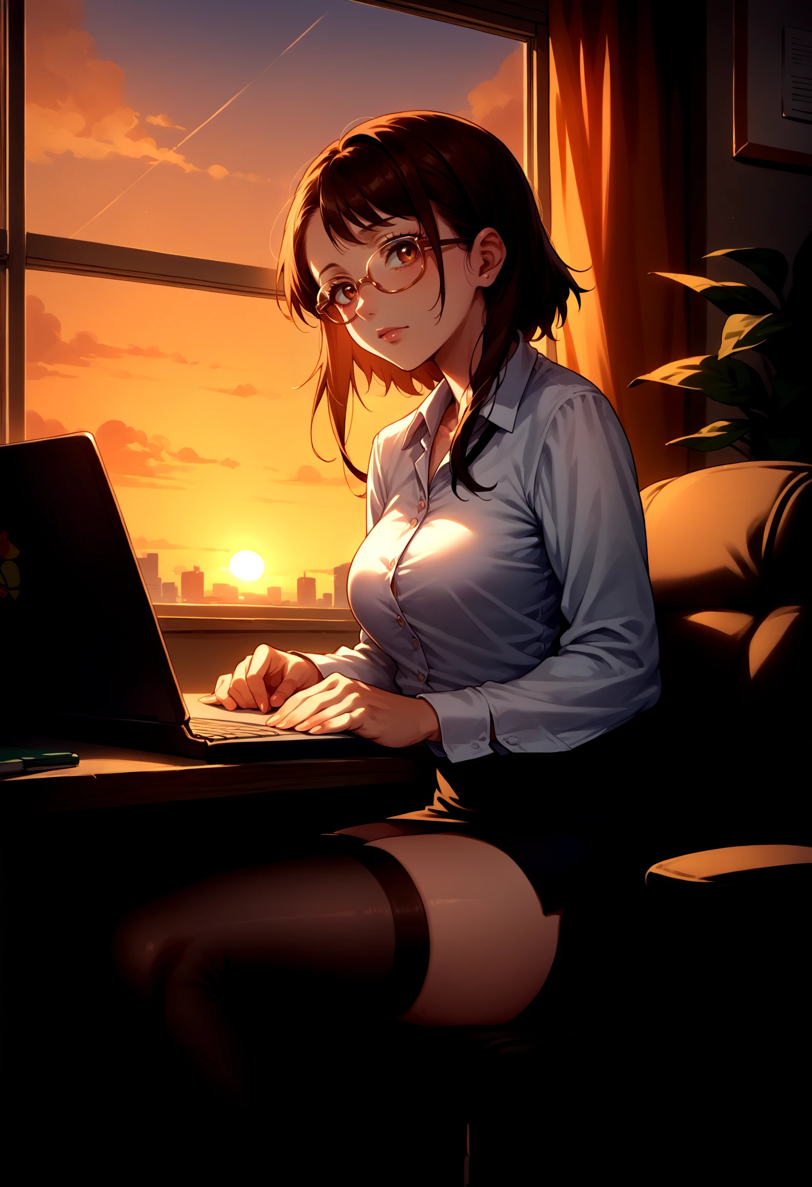 score_9, score_8_up, score_7_up, source_anime, 1girl, solo, OnoderaKosaki, <lora:OnoderaKosaki_XLPD:1>, office lady, office, black thighhighs, pencil skirt, shirt, glasses, office chair, window, sunset, office table, sitting, laptop,