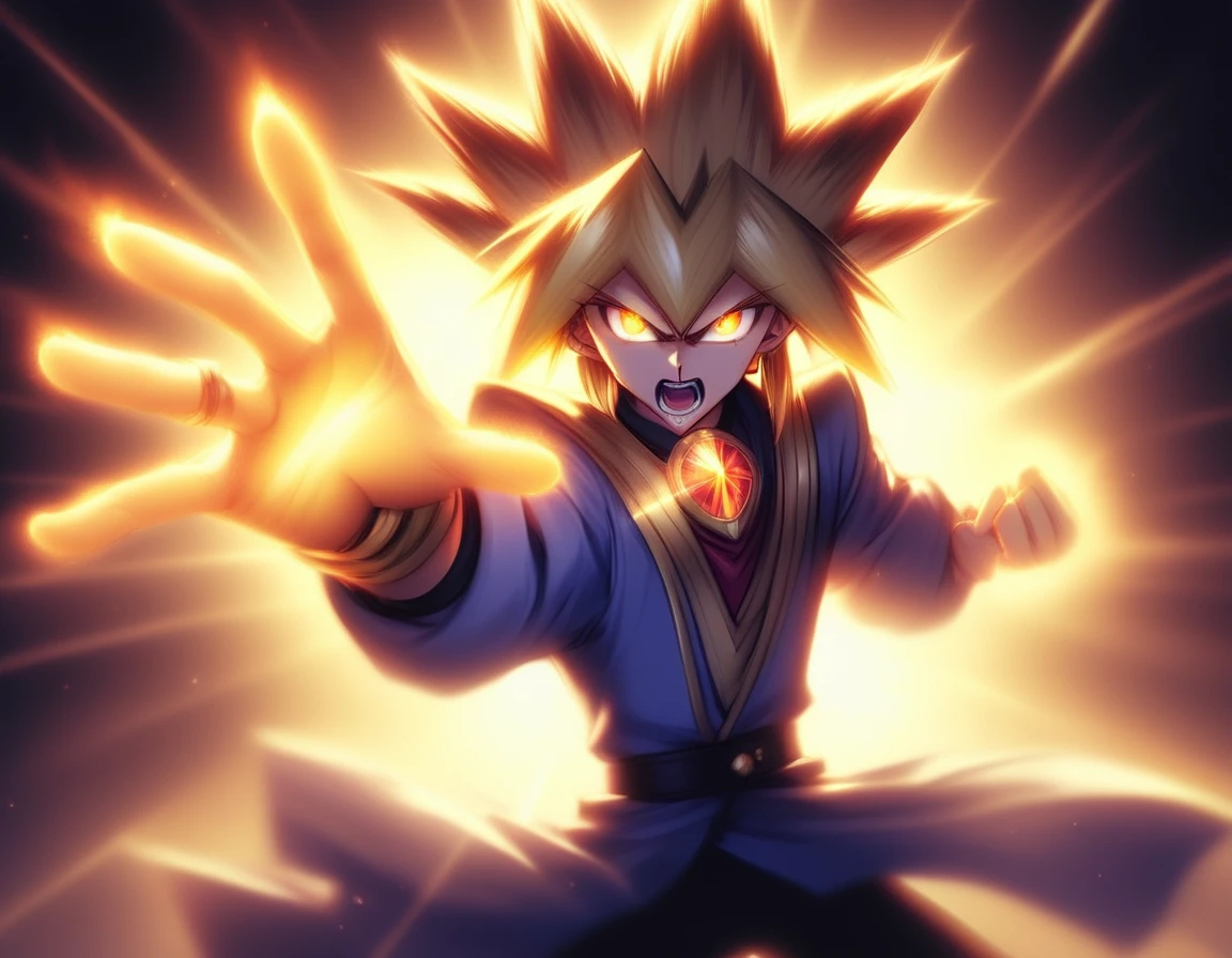 ShiningFinger, beautiful gorgeous furious Yugi Mutou, roaring, action pose, shining glowing holy hand