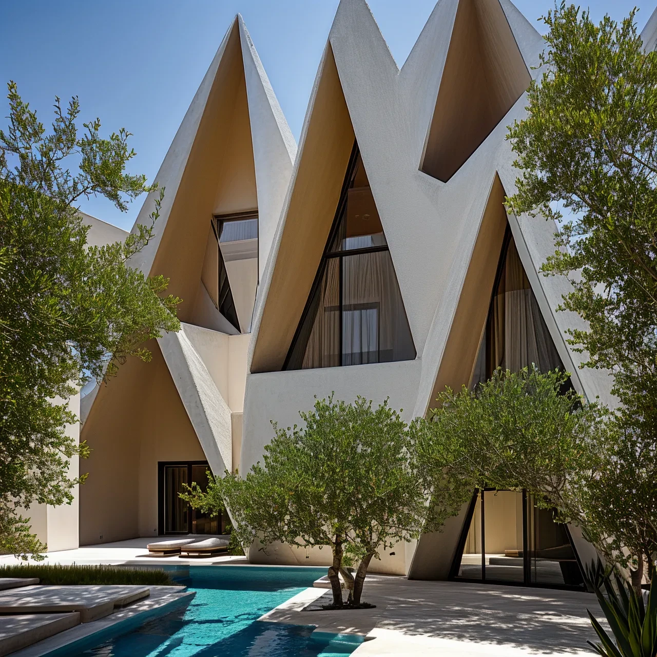 exterior, angular architecture, adobe architecture, triangluar-perforated wall, dynamic angles, geometric facade, triangular motifs, sandy texture, natural light <lora:AIDVN_TriangularAbode_v1:1>