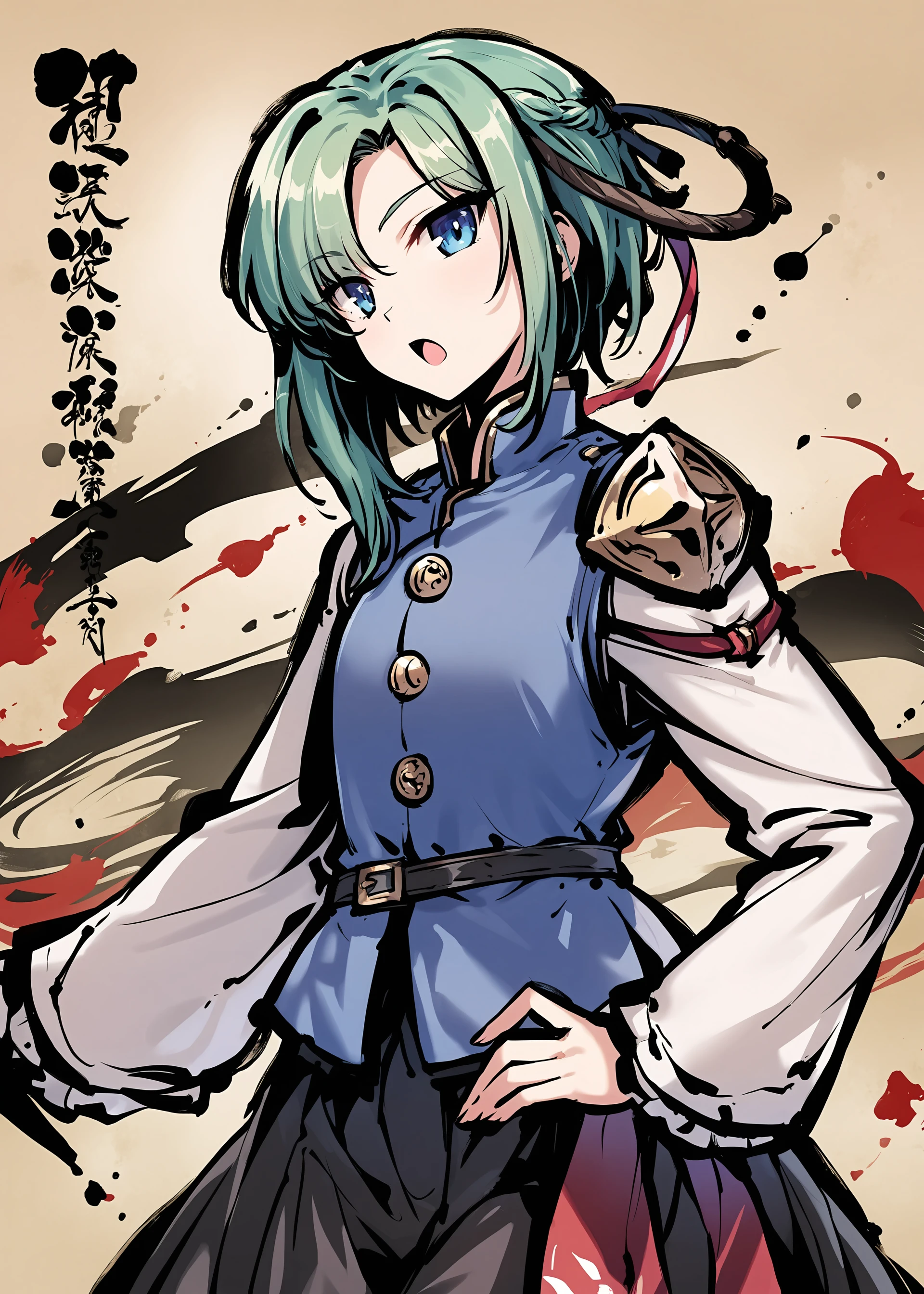 1girl,tokiame,ink painting
shiki eiki,
rod of remorse,blue eyes,green hair,blue vest,long sleeves,black skirt,short hair,looking at viewer,open mouth,asymmetrical hair,hand on hip,
masterpiece, newest, absurdres, safe
<lora:a31_style_tokiame_v2:1> ,