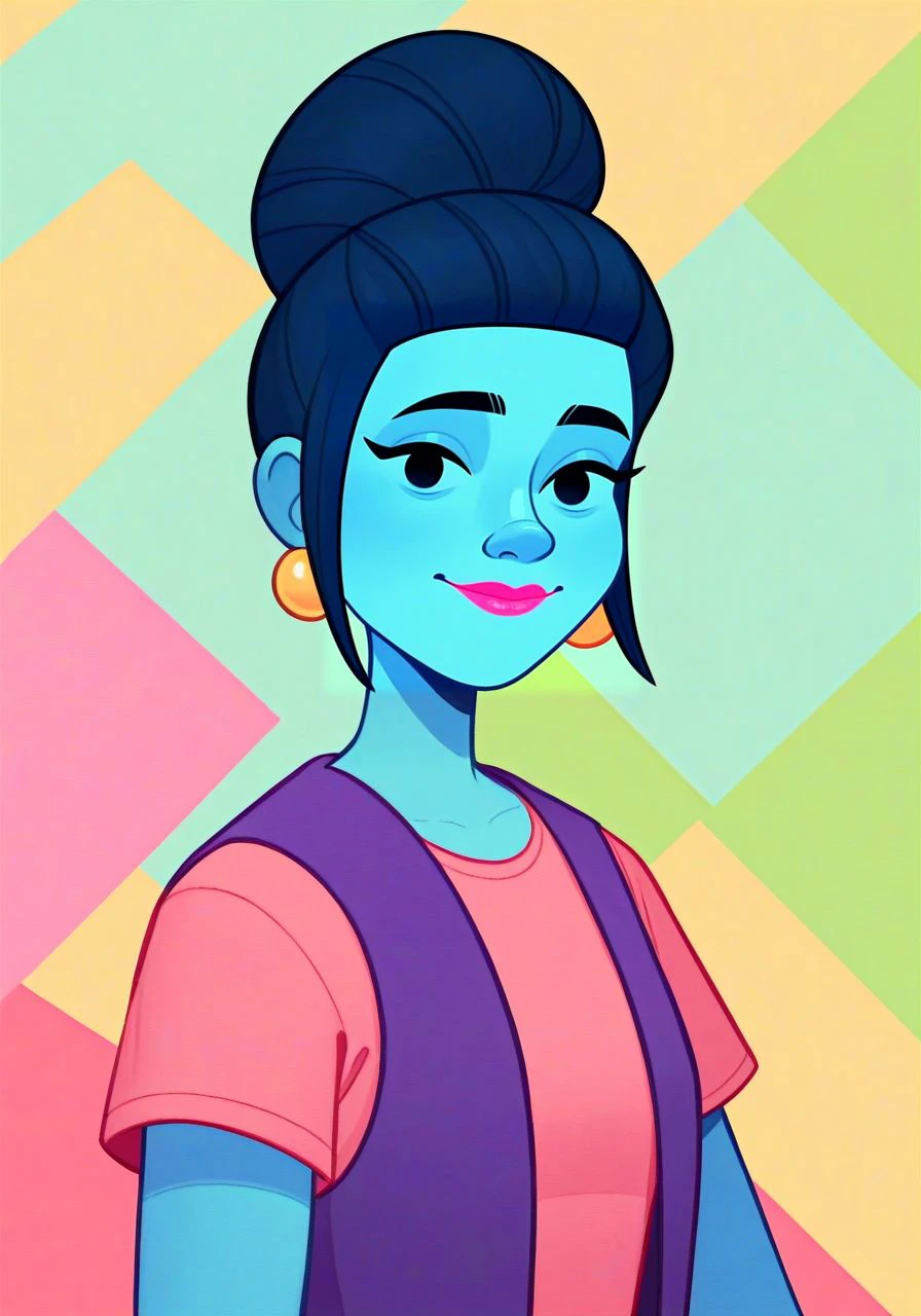 score_9,score_8_up,score_7_up,score_6_up, BREAK
blue skin, dark blue hair, hair bun, dot eyes, eyelashes, pink lipstick
yellow stud earrings, t-shirt dress, pink dress, purple vest, open vest
seated pose, (upper body:1.1), warm light smile, closed mouth, looking at viewer
(portrait studio, colorful abstract background, textured portrait backdrop:1.1)
<lora:newb3rryTV_PDXL:1.0>