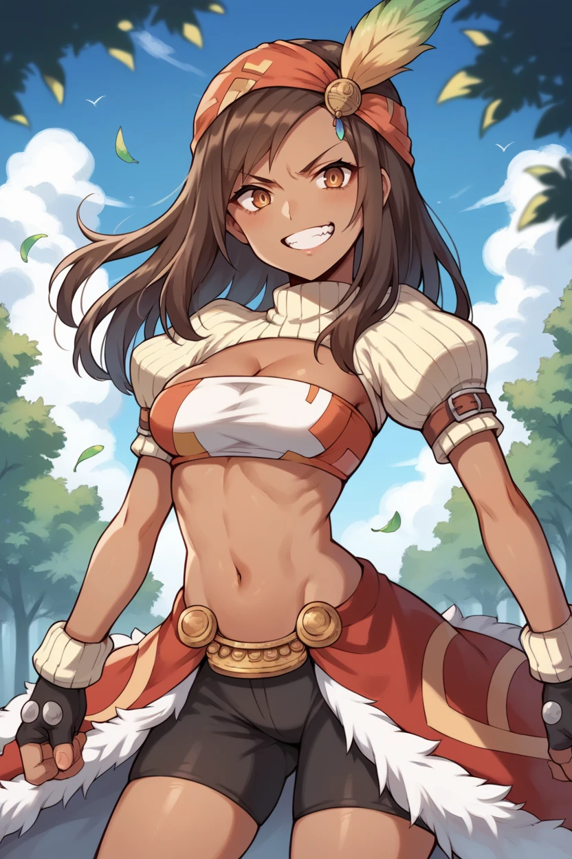 score_9, score_8_up, score_7_up, score_6_up, source_anime, 1girl, solo BREAK  <lora:ff9lani-pdxl-nvwls-v1-000005:1> ff9lani, brown hair, dark skin, bandana, feather hair ornament, turtleneck, cleavage, puffy sleeves, bandeau, red overskirt, fur trim, short shorts, fingerless gloves, forest, blue sky, looking at viewer, evil grin, , medium breasts, cowboy shot