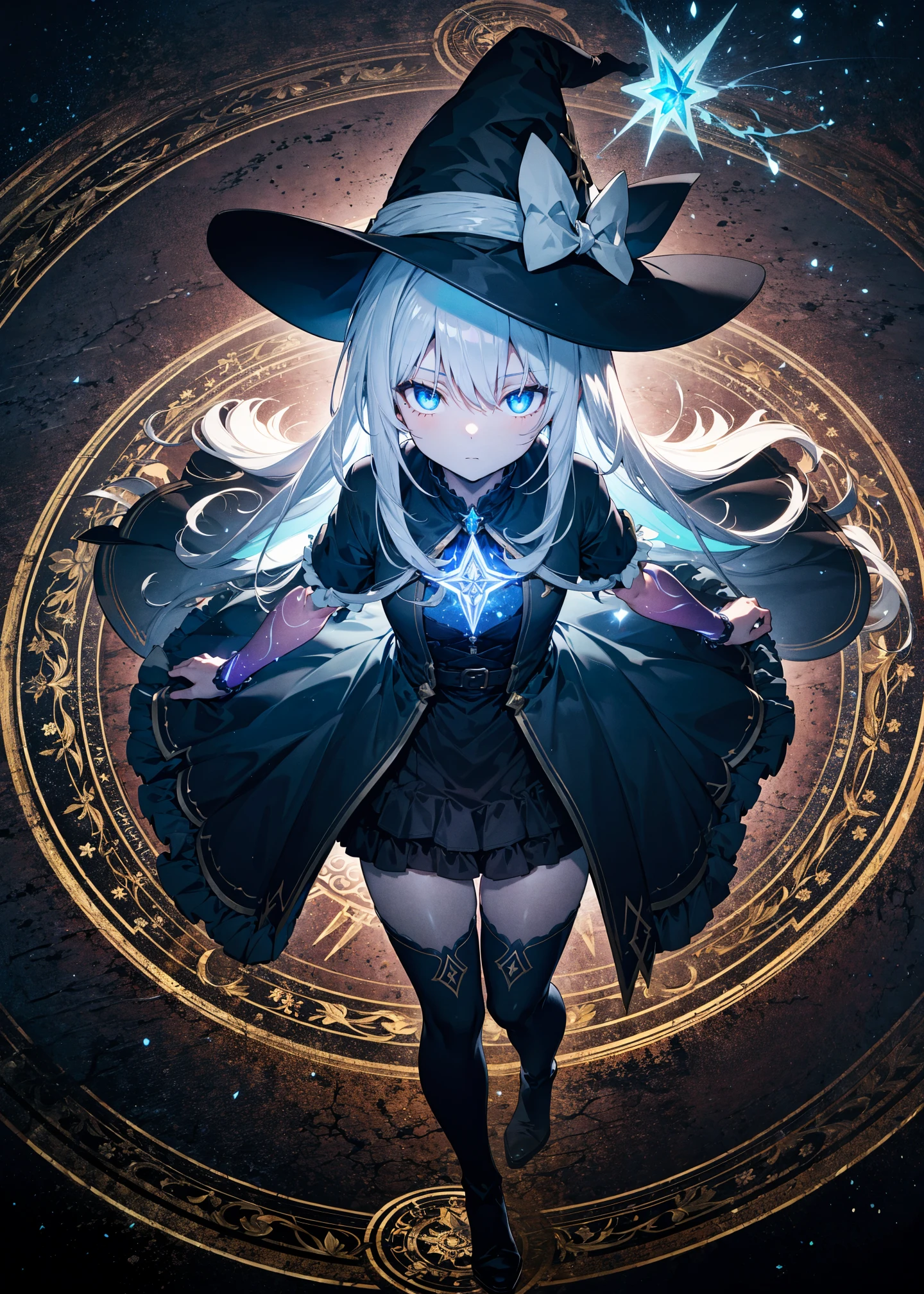 1girl, solo, stand up, Grimoire, aura outline, absurdly long hair, white hair, one side up, witch hat, witch dress, skirt, petticoat, flat chest, thigh high, witch boots, expressionless eyes, vivid, from above:0.8, forbidden sanctuary, magical circle, magical effects, glowing ethereal materials, blue eyes, pale skin