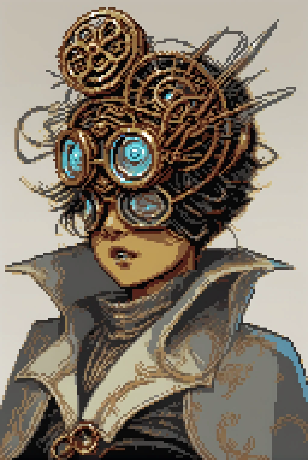 A character with intricate brass goggles perched on their forehead, wearing a Victorian-era jacket adorned with gears and copper wires. They have a mechanical arm made of polished brass and intricate clockwork, holding a glowing, etheric device. <lora:pixelportraits192-v1-2151:0.75>