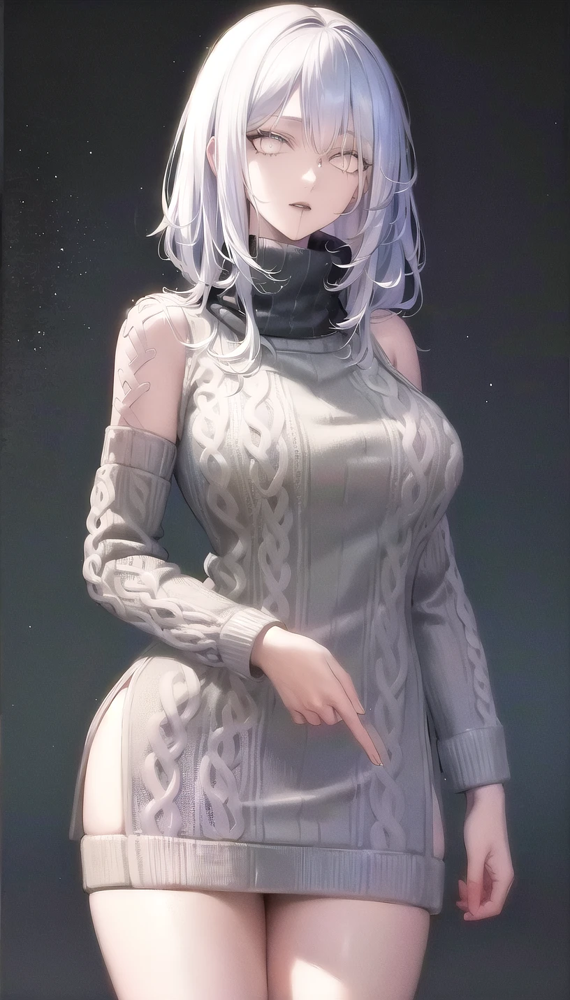 white hair,
(virgin killer sweater:1.28),
lady,mature female, cowboy shot,
(white background, simple background:1.18),
highres,official art,original,masterpiece,best quality,
(large breasts),
<lora:nox:1>