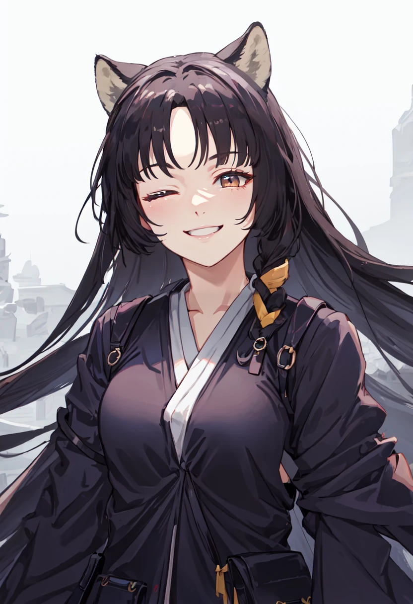 best quality, masterpiece, highres, solo, (saga_arknights:1.10), smile, happy, one eye closed, portrait, looking at viewer, 38 <lora:saga_arknights:0.80>