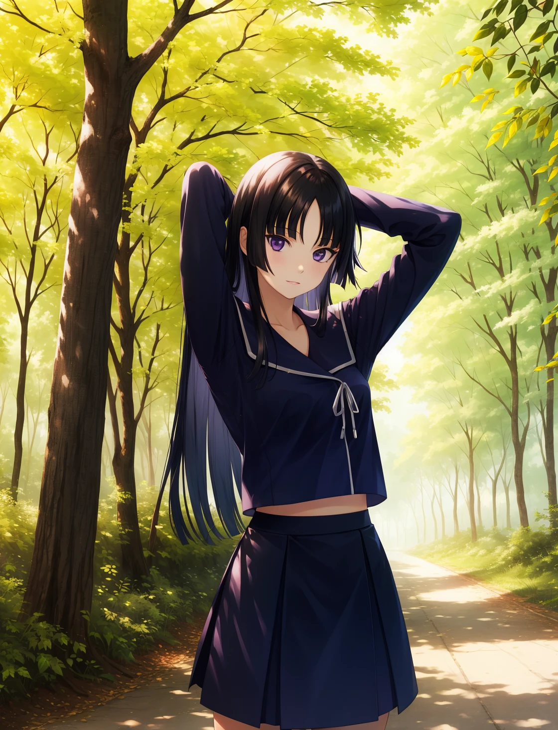 masterpiece, best quality, highres,
IsayamaAi, 1girl, solo, purple eyes, black hair, long hair, bangs, blunt bangs, very long hair,
skirt, school uniform, serafuku, blunt bangs, black serafuku,
cowboy shot, looking at viewer, arms behind head, arms up, forest, outdoors, tree, sunlight, cloudy, <lora:Isayama:1>