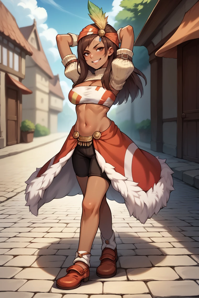 score_9, score_8_up, score_7_up, score_6_up, source_anime, 1girl, solo BREAK  <lora:ff9lani-pdxl-nvwls-v1-000005:1> ff9lani, brown hair, dark skin, bandana, feather hair ornament, turtleneck, cleavage, puffy sleeves, bandeau, red overskirt, fur trim, short shorts, fingerless gloves, arms behind head, looking up, whistling, walking, village, medieval, cobblestones, smug