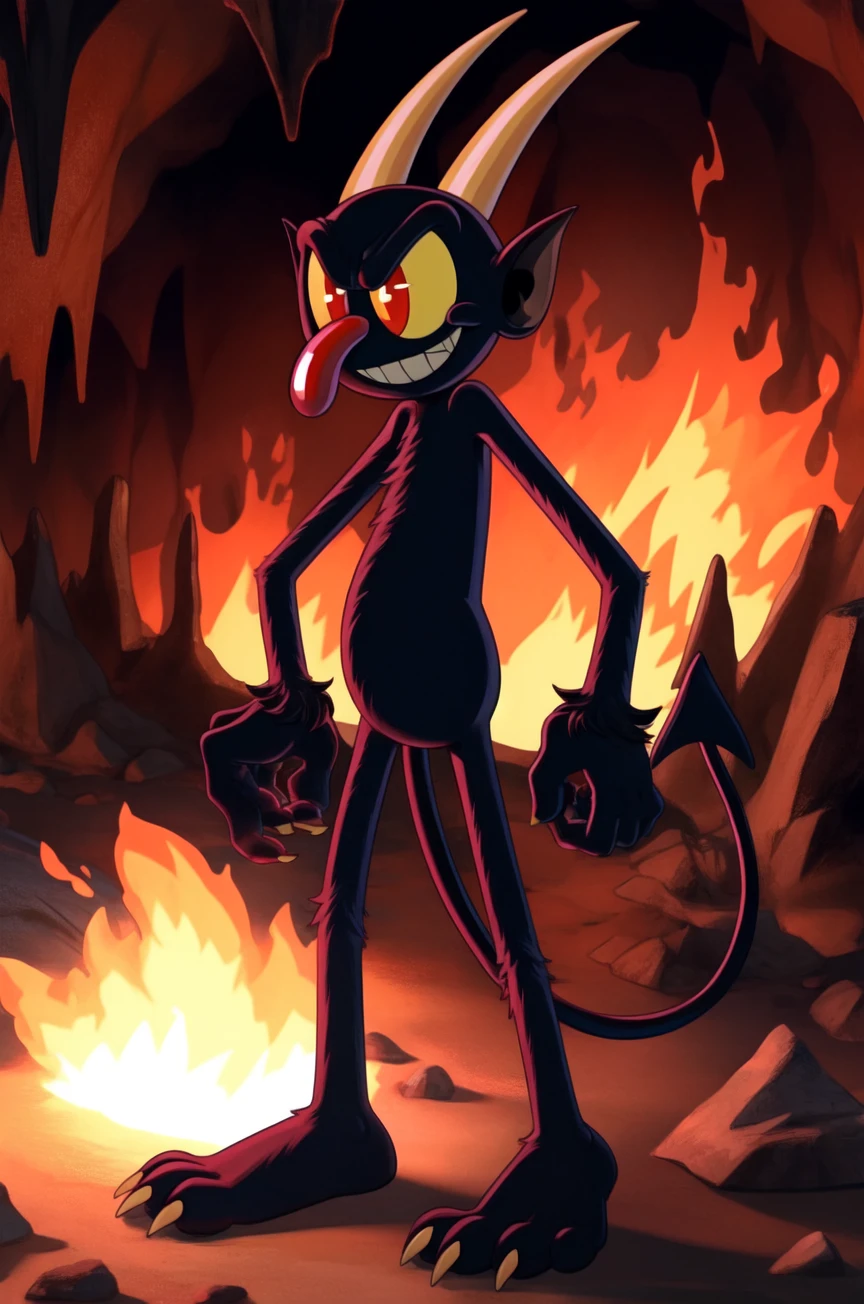 4 fingers, solo, male, the devil \(cuphead\), demon, red nose, spade tail, long tail, yellow sclera, red eyes, black fur, furry, body fur, body hair, null, wrist tuft, ankle tuft, half-closed eyes, grin, teeth, horn, pointy ears, standing, cave, fire, hell, handsome, masculine, skinny, slim, masterpiece, extreme detail, simple eyes, full-length portrait, slightly chubby