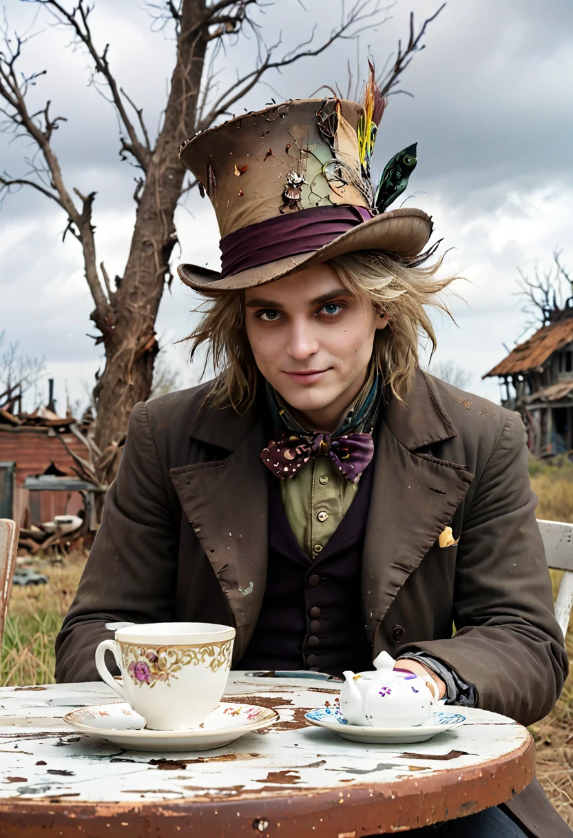 In this scene, the Mad Hatter from "Alice in Wonderland" is depicted in a state of disarray. His colorful, mismatched attire is tattered and dirty, and his iconic hat is worn and frayed. He sits at a table set for a tea party, but the cups and saucers are cracked and chipped, and the teapot is rusted and dented. The background shows a post-apocalyptic landscape, with crumbling buildings and twisted, dead trees. The sky is a dull, ashen color, with no sign of life or hope. Despite the bleakness of his surroundings, the Mad Hatter wears a wistful smile, as if reminiscing about better days long gone