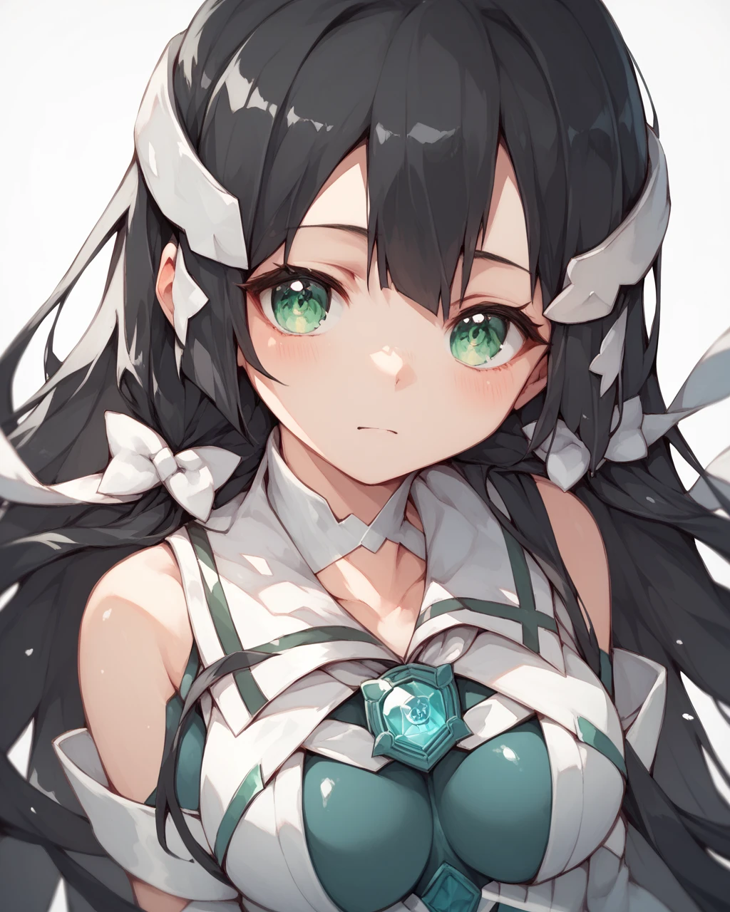 score_9, score_8_up, score_7_up,
<lora:Tougou_mimori_PONY:1>,1girl, long hair, solo, black hair,green eyes, magical girl, hair ornament,bodysuit,detached sleeves, white ribbon, impossible clothes,