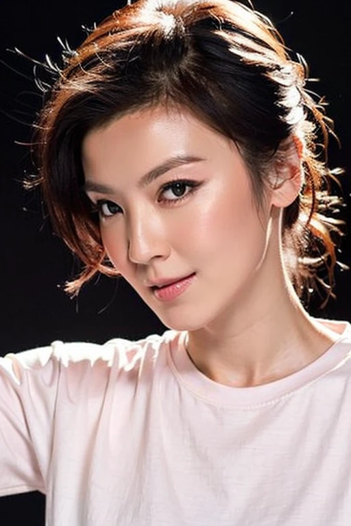 masterpiece,best quality,1girl ((pure black background)),floating hair,blush,looking at viewers,white T-shirt,happy,((front)),upper body,close-up,(studio light),soft light,<lora:kelly_lin:1>,