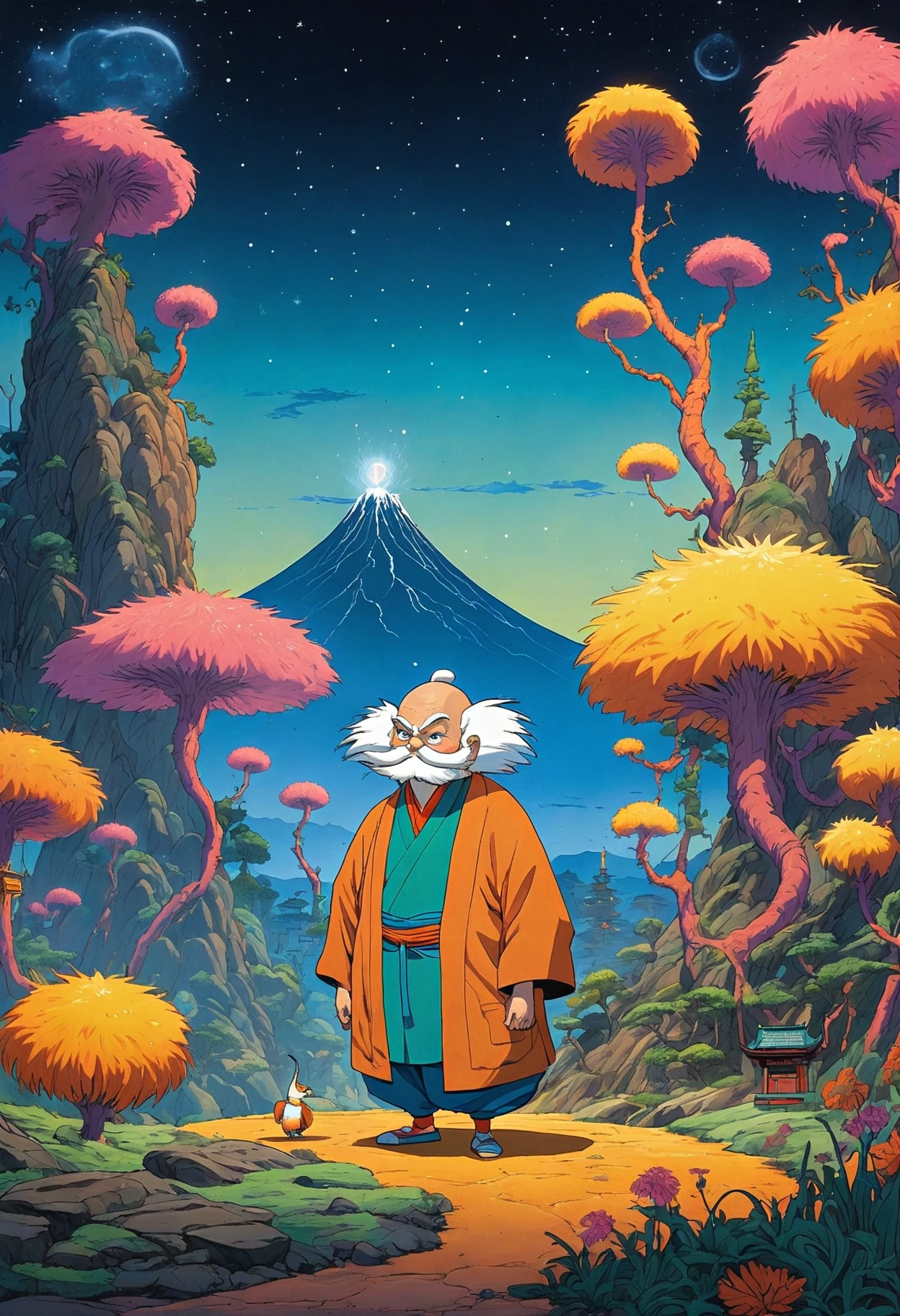 anime artwork retro cyberpunk decal art, Marguerite Blasingame, Gouache Art, Kawanabe KyMsai, Ascii Art, obese Tibetan The Lorax, The Lorax is Weary and Mature, Bald hair, Impasto, The artwork depicts a scene from Dr Seuss's book "The Lorax". It is a decal art piece created by Marguerite Blasingame using gouache paints. The style of the painting is reminiscent of Japanese ukiyo-e prints. In the center of the image stands an obese Tibetan, his bald head gleaming under the light. His expression is one of weariness and maturity, reflecting his age and experience. The background is filled with intricate details and patterns that enhance the overall composition of the painting. The use of impasto technique adds depth and texture to . 80's inspired, synthwave, neon, vibrant, detailed, retro futurism . anime style, key visual, vibrant, studio anime, highly detailed
