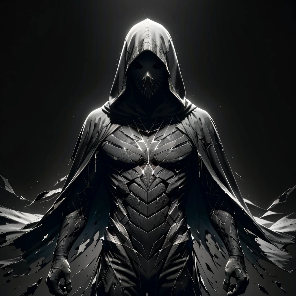 ShatteredCloth,solo,monochrome,greyscale,male focus,hood,cape,black background,facing viewer,cloak,clenched hands,hood up,arms at sides,hooded cloak,dark cloak,no face,face not seen,shattered effect on clothes,face hidden
<lora:ShatteredClothSD:0.6>