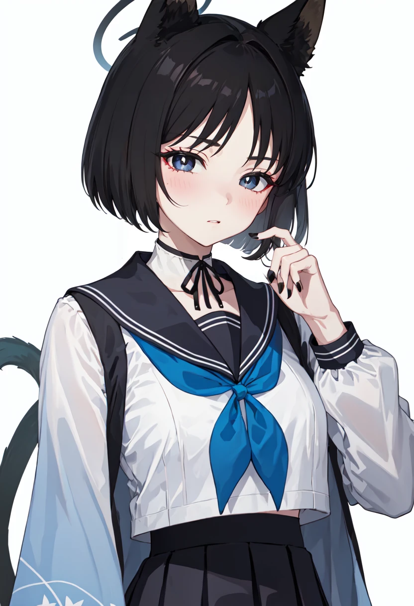best quality, masterpiece, highres, solo, (kikyou_bluearchive:1.10), 1girl, black sailor collar, black skirt, blue neckerchief, fingernails, long sleeves, pleated skirt, serafuku, nail polish, white background, black nails, looking at viewer, simple background, haori, closed mouth, blush, 3 <lora:kikyou_bluearchive:0.80>