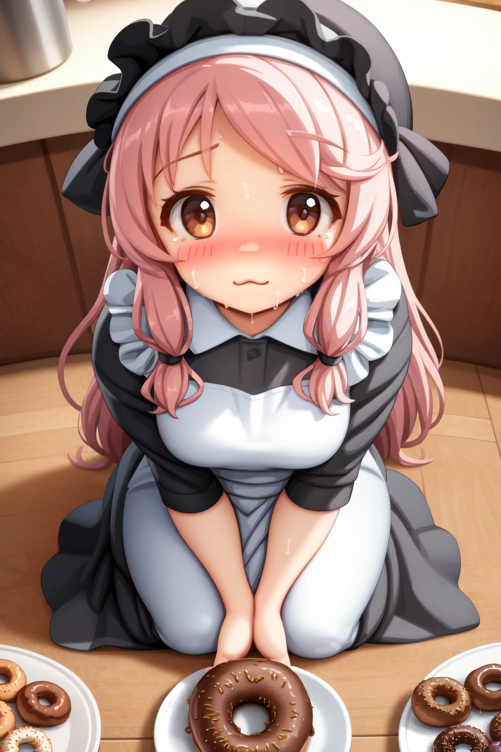 (masterpiece, best quality:1.2),
1girl, (puffy cheeks:1.4), (:3, surprised, full-face blush, sweat drop:1.2), looking at viewer, long hair, pink hair, brown eyes BREAK
maid dress, headband, sitting, on floor, seiza
BREAK from above, (eating, holding food, donuts), food, plate stack, food on face, kitchen