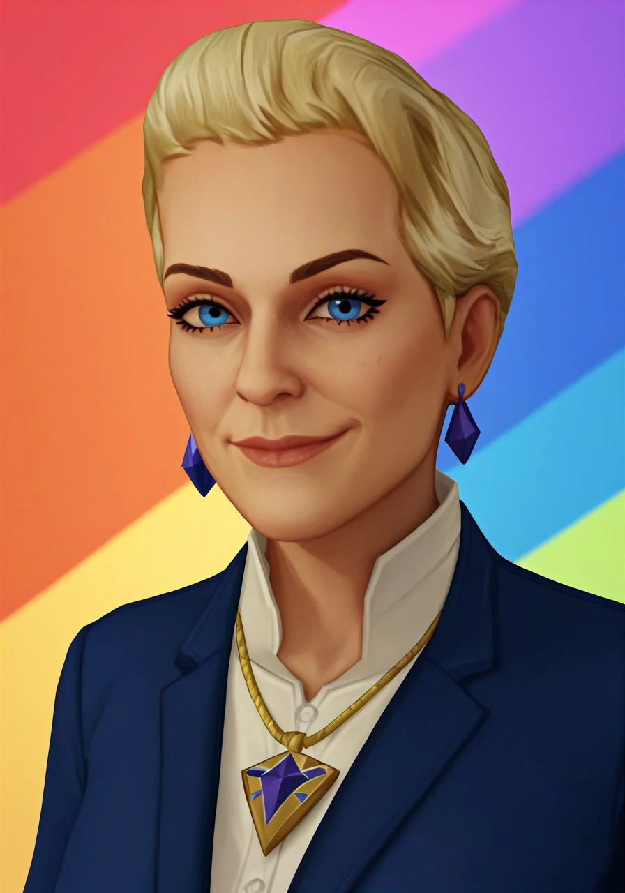 score_9,score_8_up,score_7_up,score_6_up, stark shadows, BREAK 
tall woman, blonde hair, short hair, blue eyes, cheekbones 
earrings, pendant, blue blazer, blouse
seated pose, (upper body:1.1), warm light smile, closed mouth, looking at viewer
(portrait studio, colorful abstract background, textured portrait backdrop:1.1)
<lora:deVrie5PD_PDXL:1.0>