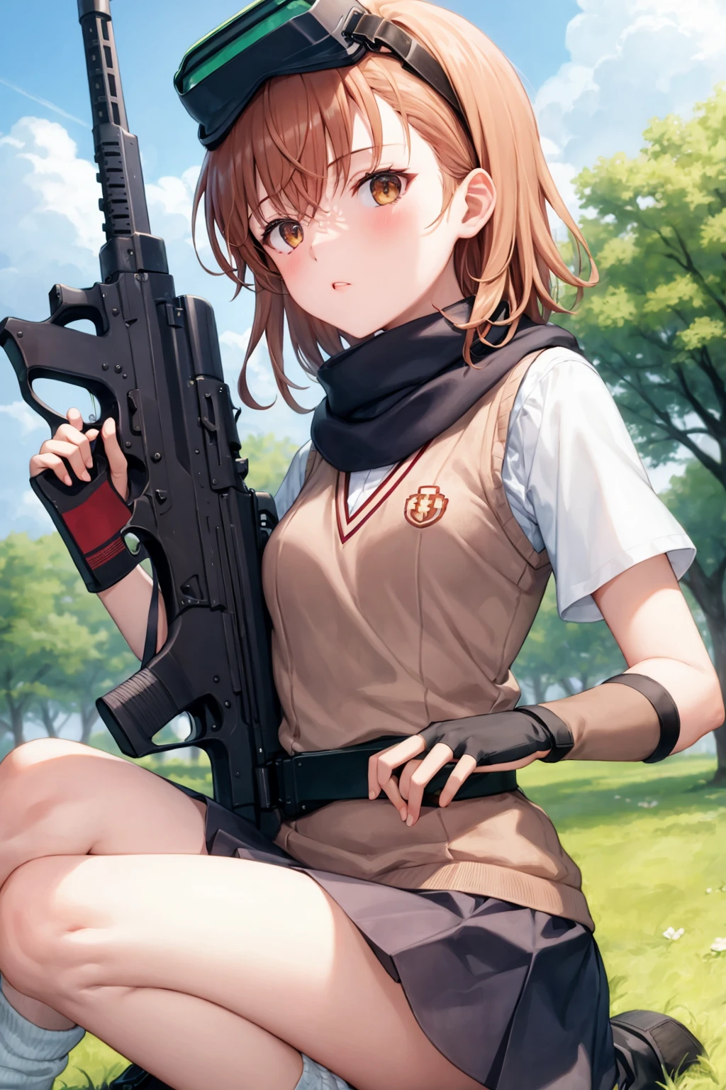 masterpiece, best quality, <lora:misakaimouto:1>,1girl, weapon, solo, gun, rifle, brown hair, tokiwadai school uniform, assault rifle, gloves, misaka imouto, school uniform, scarf, brown eyes, knee pads, goggles, tree, skirt, short hair, socks, trigger discipline, m4 carbine, head-mounted display, sweater vest, sitting, fingerless gloves, scope, misaka mikoto, goggles on head, loose socks, boots