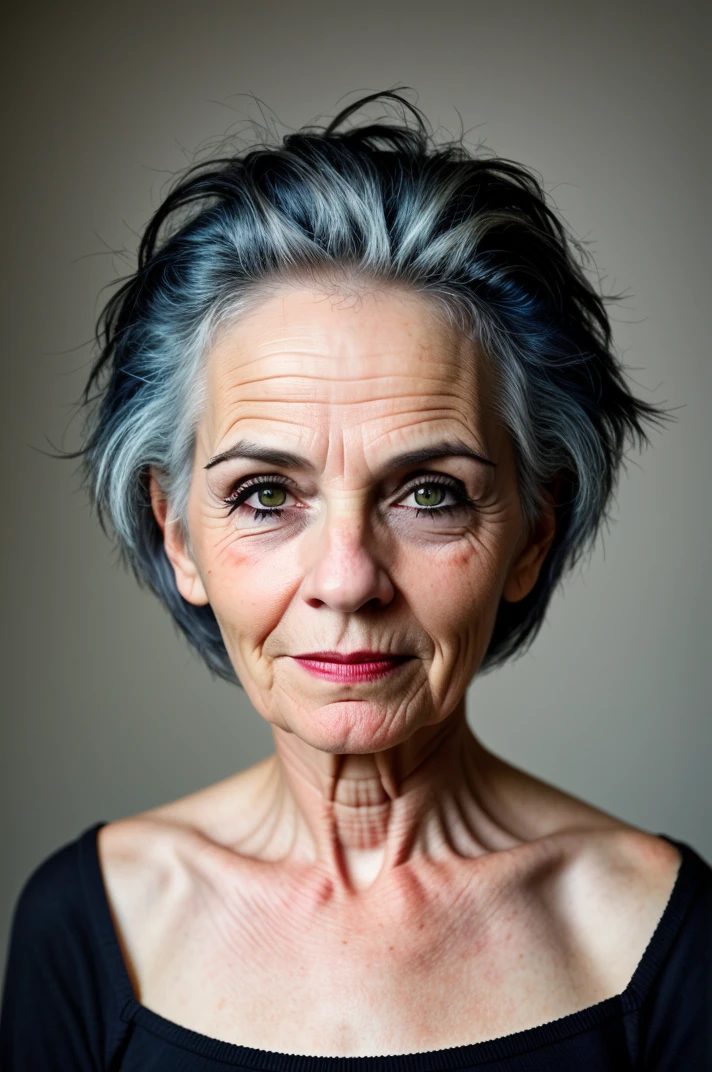view happy face of older slim-thin emo goth-makeup woman strange-haired natural , Italian, rockpunk outfit, turning looking at viewer
<lora:Natural_Portraits_SD:0.5>