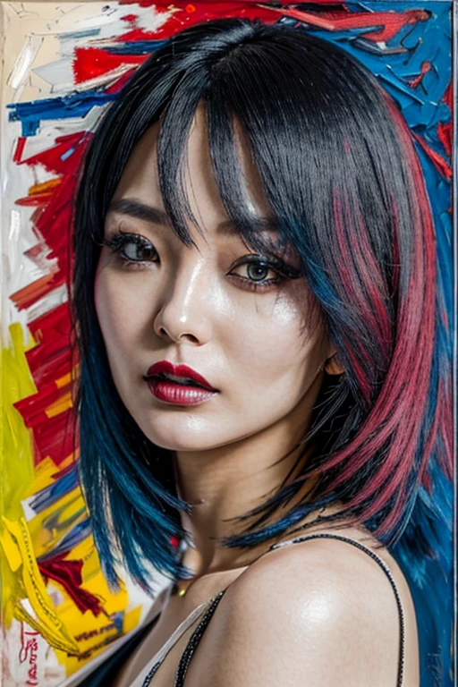 <lora:CodeMiko-000014:1> Codemiko, Korean woman, black hair,
upper body, beauty photography of mature woman, 27 years old, (abstract art:1.4), hate AND love, lust, eerie eyes, dark and bright theme, horror, visually stunning, beautiful, gorgeous, emotional, intricate, perferct shading, chiaroscuro lighting, overexposed, detailed skin, skin blemish, sharp focus, shot on Porta 160, in the style of (Jean-Paul Riopelle:1.4),