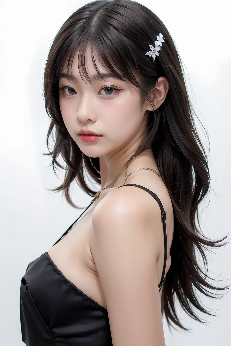 1girl, black random formal dress, white background, <lora:powendies-02:1>