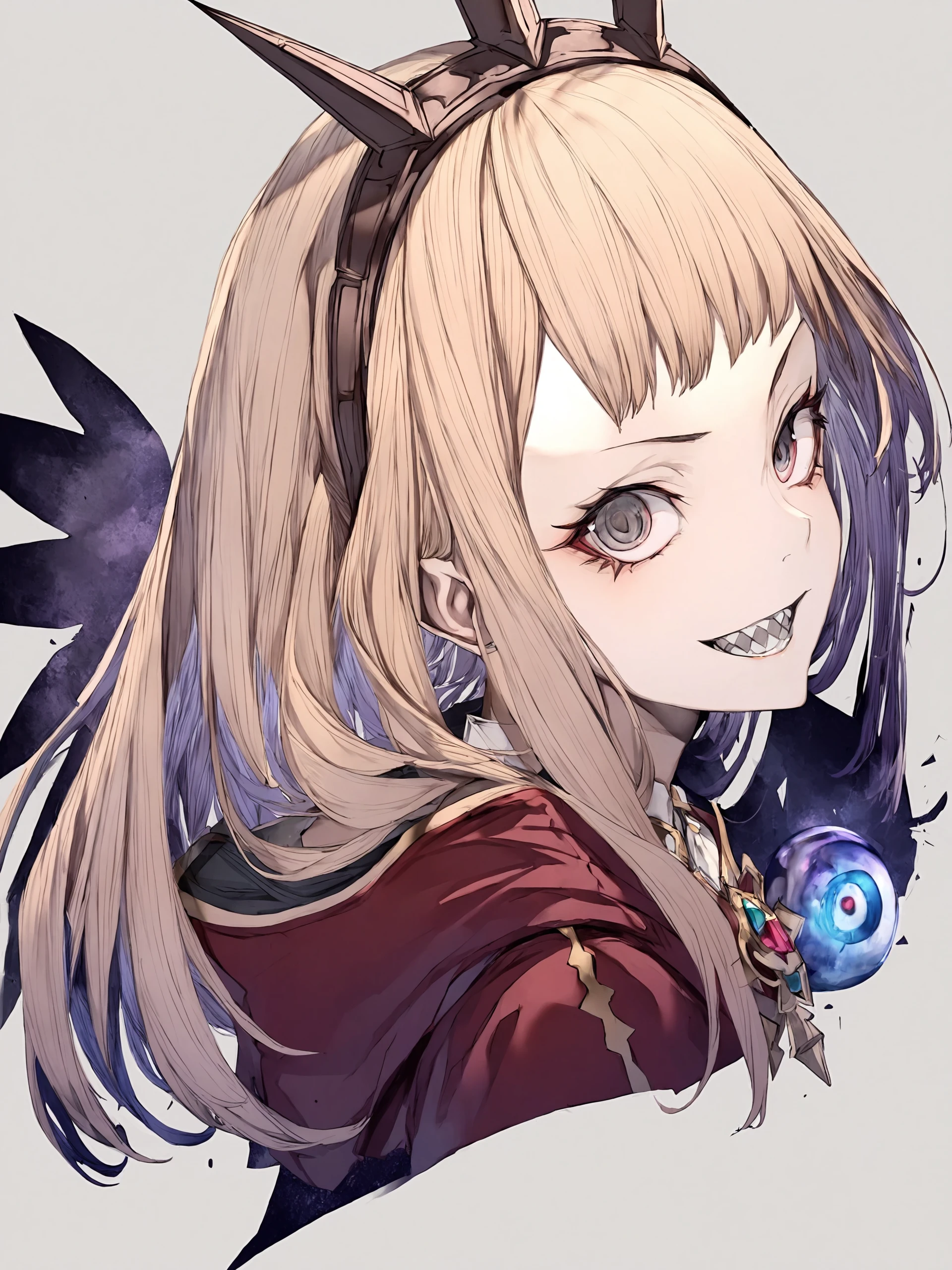1girl,
cagliostro \(granblue fantasy\),
hito komoru,
grin, red eyes, blonde hair, hairband, parted lips, cropped shoulders, looking back, jewelry, sharp teeth, teeth, upper body, smile, purple hair, eyeball, solo, long hair, grey eyes, evil smile, gem
<lora:kohaku_delta_style_hito_komoru_f8-000048:1> ,