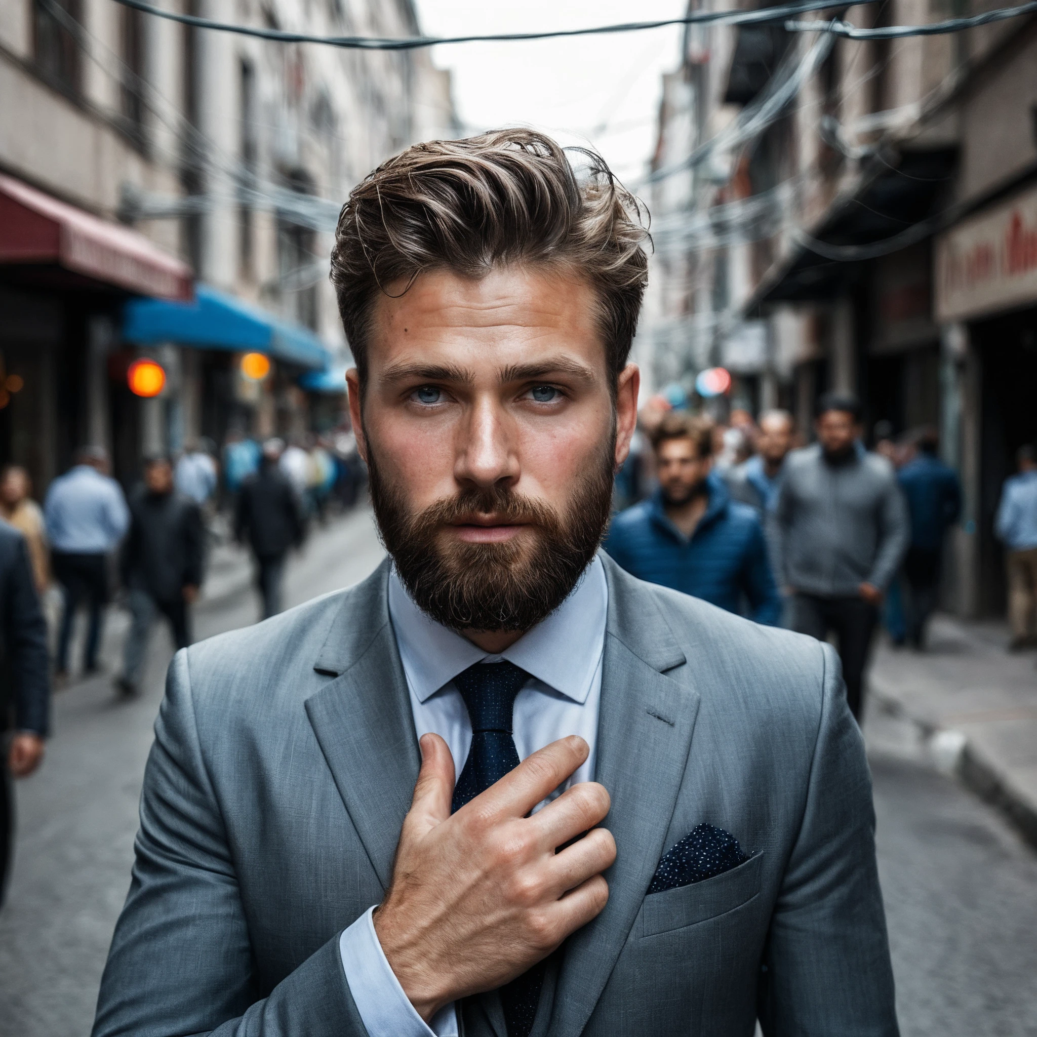 RAW photo, full body portrait of a beautiful man with a beard in a grey suite, he stands in a crowded street with tangled power cables, full sharp, detailed face, blue eyes, (high detailed skin:1.2), 8k uhd, dslr, soft lighting, high quality, film grain, Fujifilm XT3 <lora:polyhedron_energy-000006:0.5>
dappled light on face, pale skin, skin pores, oiled shiny skin, skin blemish, imperfect skin, intricate skin details, visible skin detail, detailed skin texture, blush, wrinkles, vitiligo spots, moles, whiteheads, blackhead, white pimples, red pimples, beauty spot, skin fuzz, [[[[[freckles]]]]] (perfect eyes), ((perfect hands with four fingers and one thumb each))