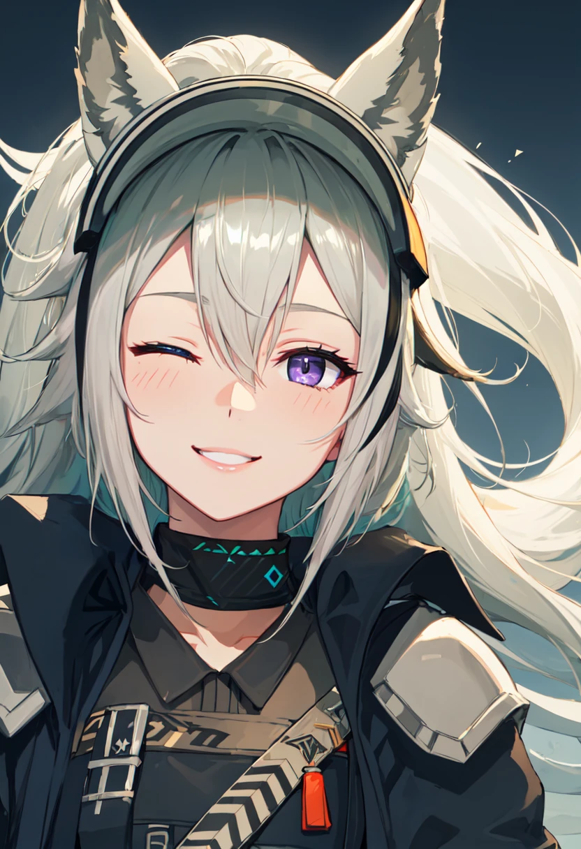 best quality, masterpiece, highres, solo, (grani_arknights:1.10), smile, happy, one eye closed, portrait, looking at viewer, 34 <lora:grani_arknights:0.80>