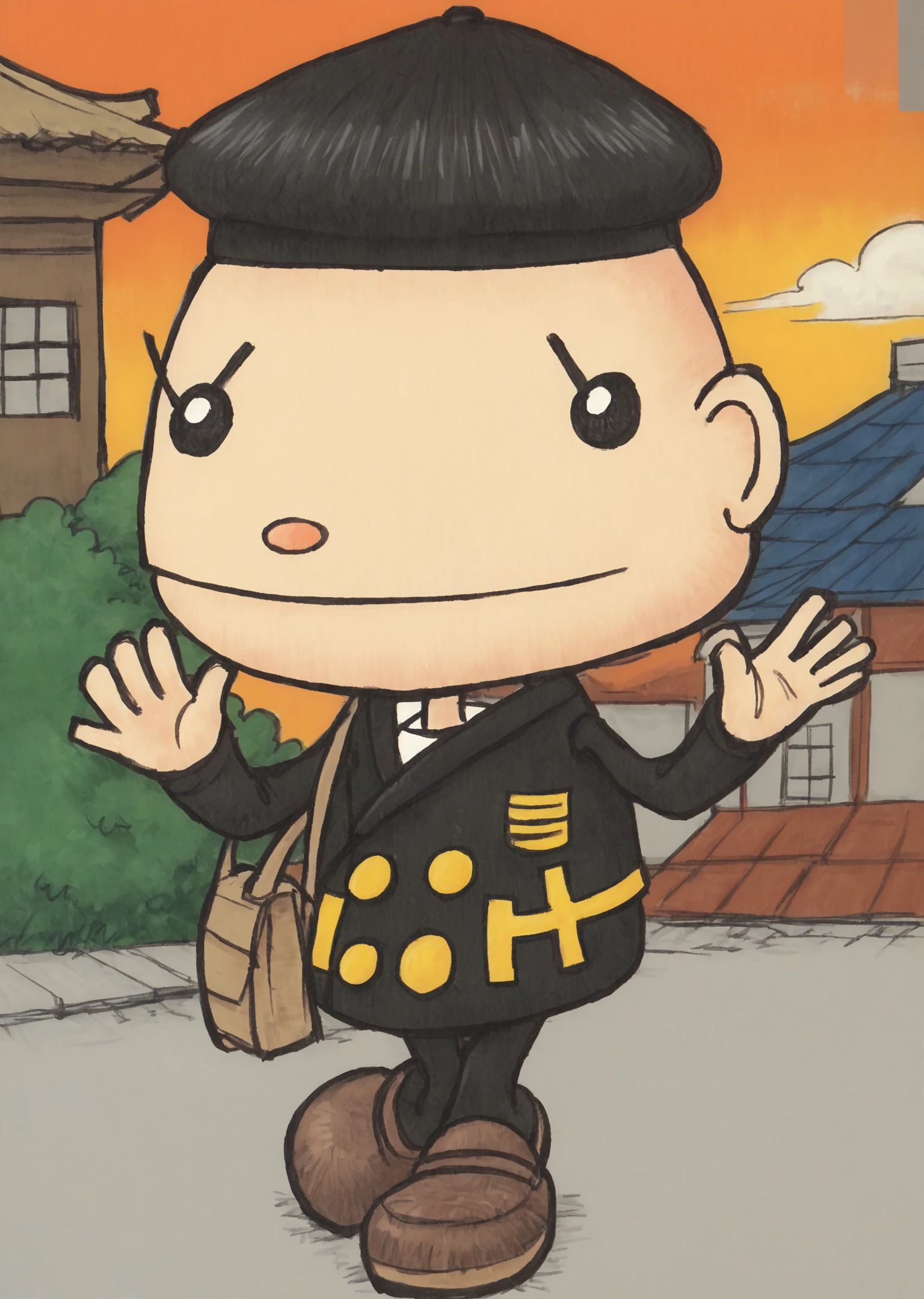 score_9, score_8_up, score_7_up, score_6_up, score_5_up, score_4_up, 2d, solo, <lora:Chulip:1.3> chulip, a young man in a school uniform standing in the middle of a road looking straight at the viewer and waving, small black hat with a yellow button on it, black school uniform with yellow buttons, black pants, brown shoes, beige bag, round ears, small round beady black eyes, very short hair, buzz cut, smile, japanese street, japanese houses, orange sky, dusk, character focus, close up, character focus, close up, traditional media, traditional art,