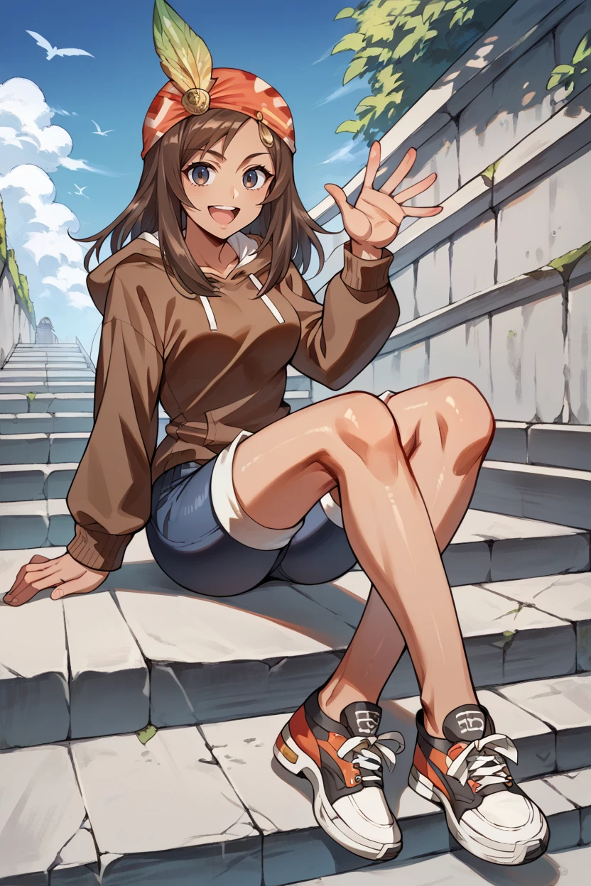 score_9, score_8_up, score_7_up, score_6_up, source_anime, 1girl, solo BREAK  <lora:ff9lani-pdxl-nvwls-v1-000005:1> ff9lani, brown hair, dark skin, bandana, feather hair ornament, brown hoodie, looking at viewer, denim shorts, happy, open mouth, sneakers, sitting, stairs, waving, blue sky, medium breasts