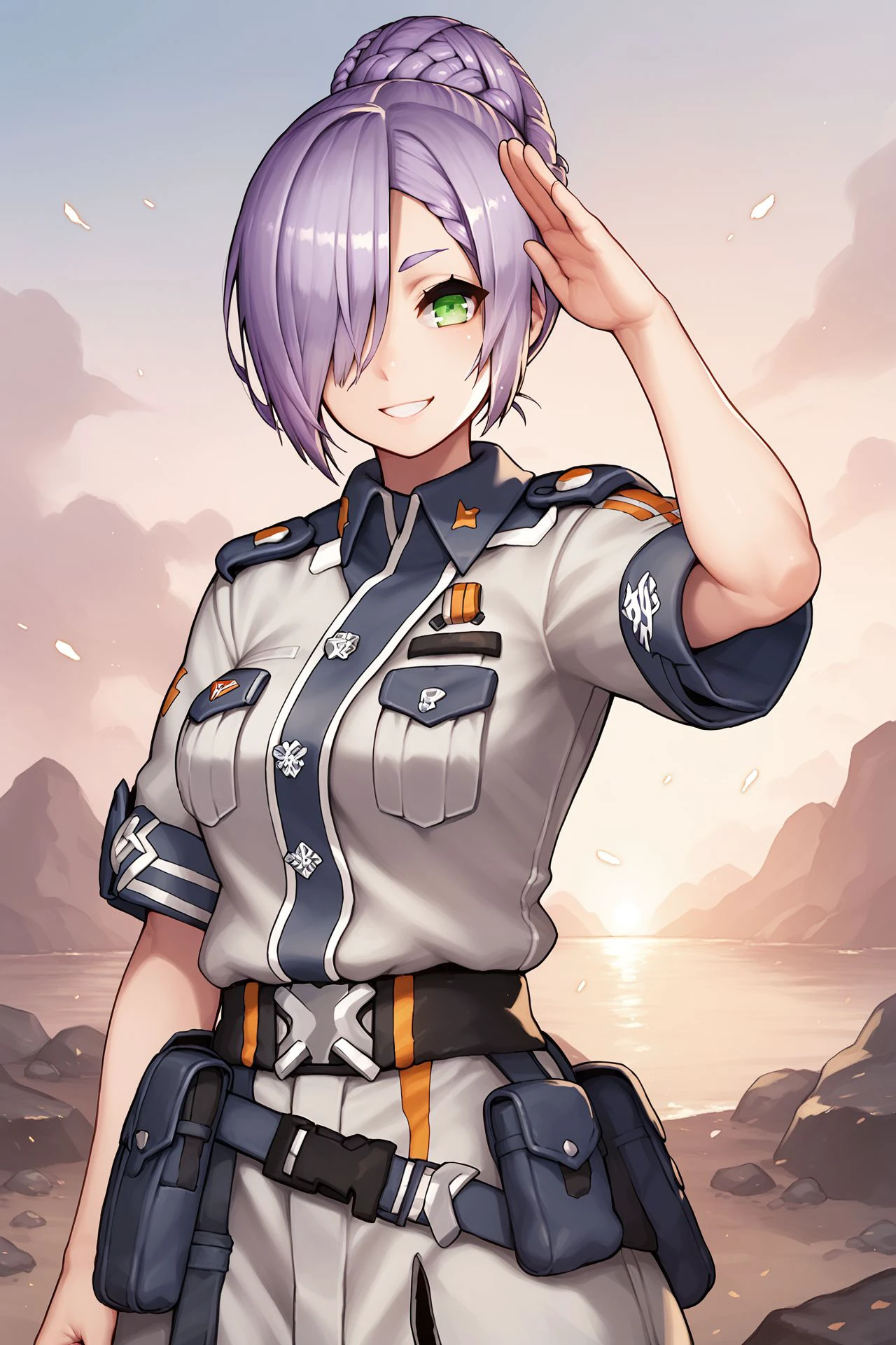 score_9, score_8_up, score_7_up, 1girl, salute, kind smile, purple hair, hair over one eye, braided bun, light green eyes, breasts, silver clothes, dim light, outdoors <lora:nidy-2d-_PonyXL_style_v02:1>