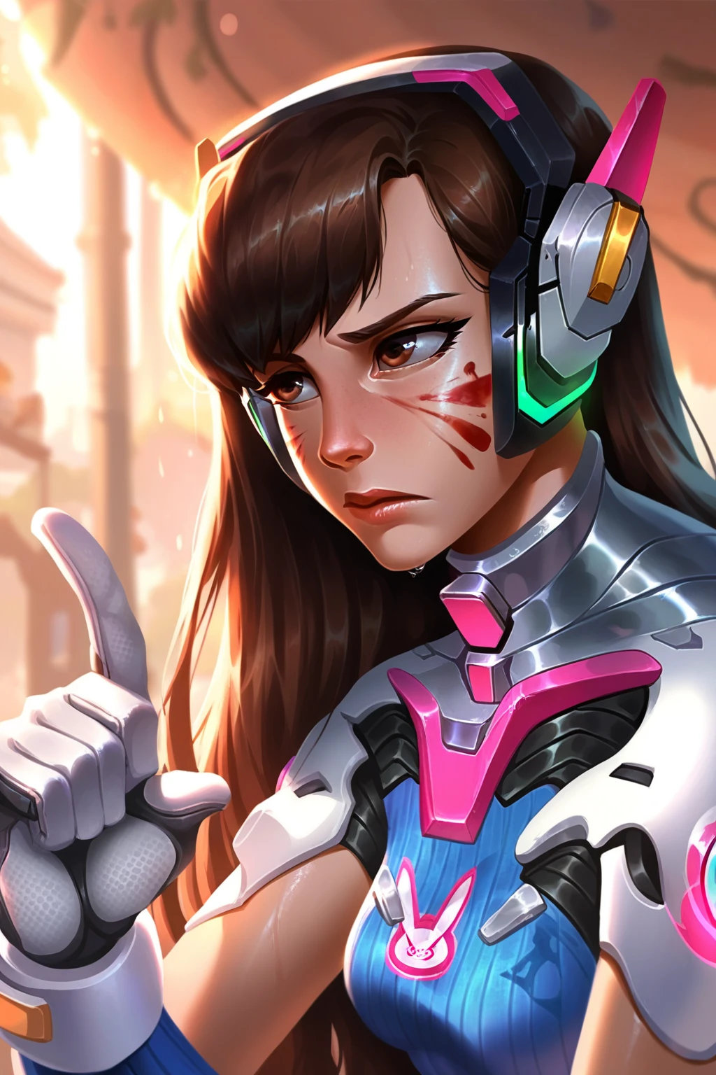 score_9, score_8_up, score_7_up  overwatch overwatch_1 d.va_(overwatch) 1girl 2others blood blood_on_face bloody_handprints blurry blurry_background brown_eyes brown_hair dripping facepaint facial_mark headphones long_hair multiple_others out_of_frame rain sad umbrella upper_body wet wet_hair whisker_markings