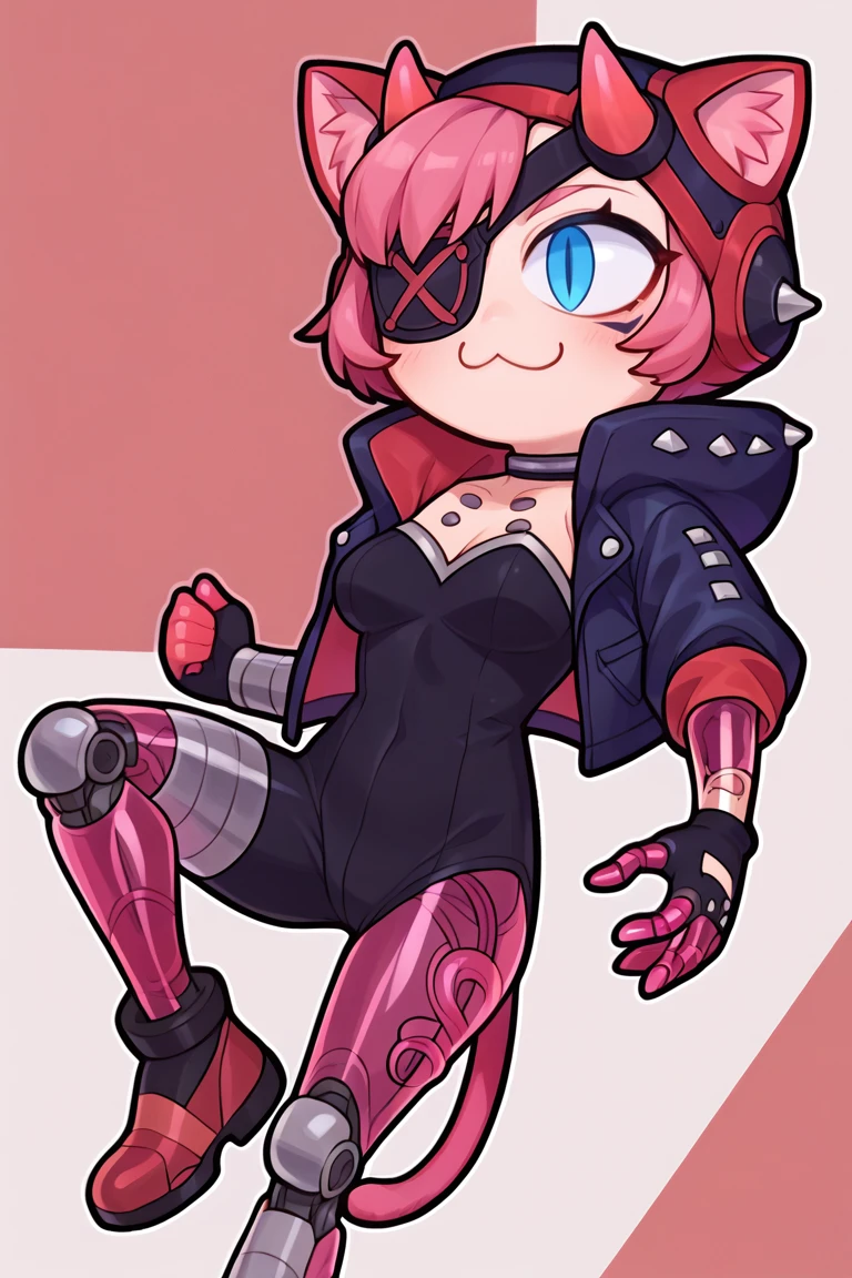 score_9, score_8_up, score_7_up, BREAK, 1girl, solo, breasts,  <lora:cyberpunkedwattson-guy-PONYv1:1>, cyberpunkedwattson, horns, makeup, single mechanical arm, mechanical legs, eyepatch, jacket, black headwear, hooded jacket, bodysuit, gloves, choker,  <lora:necoarc-guy-PONY-v1:1> necoarc, :3, slit pupils, cat ears, chibi,