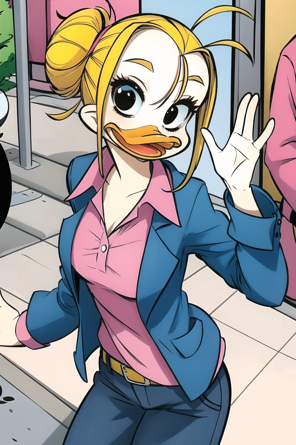 best quality, solo, lyla lay, beak, blonde hair, ponytail, black eyes, dress, running