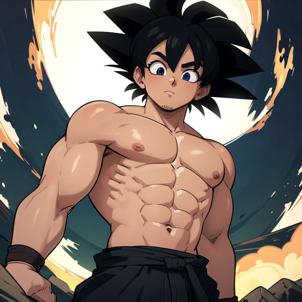 2k, son goku, black hair, muscular male, topless , beautiful eyes,  vibrant colors, highly detailed