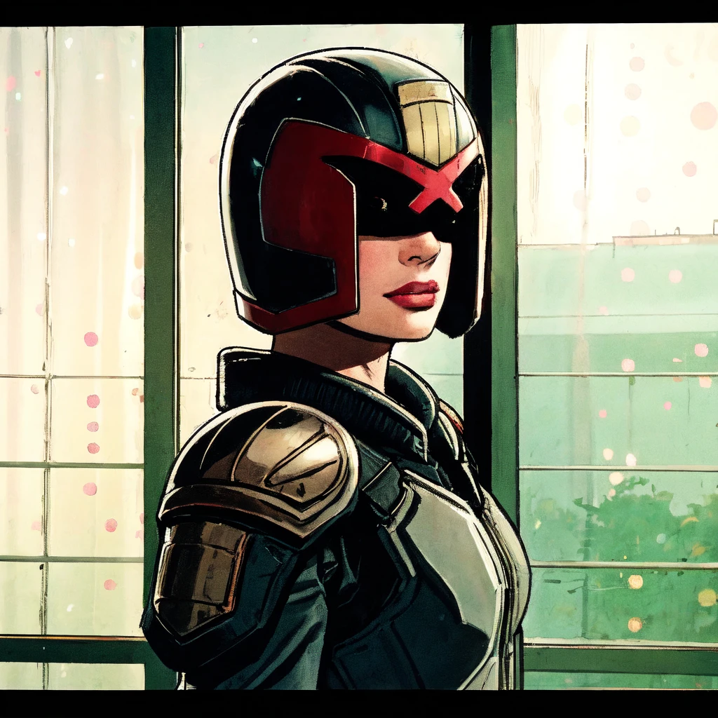 1girl, helmet, armor, uniform, jdgdrdd, looking at viewer, indoor, bokeh, portrait, film grain,