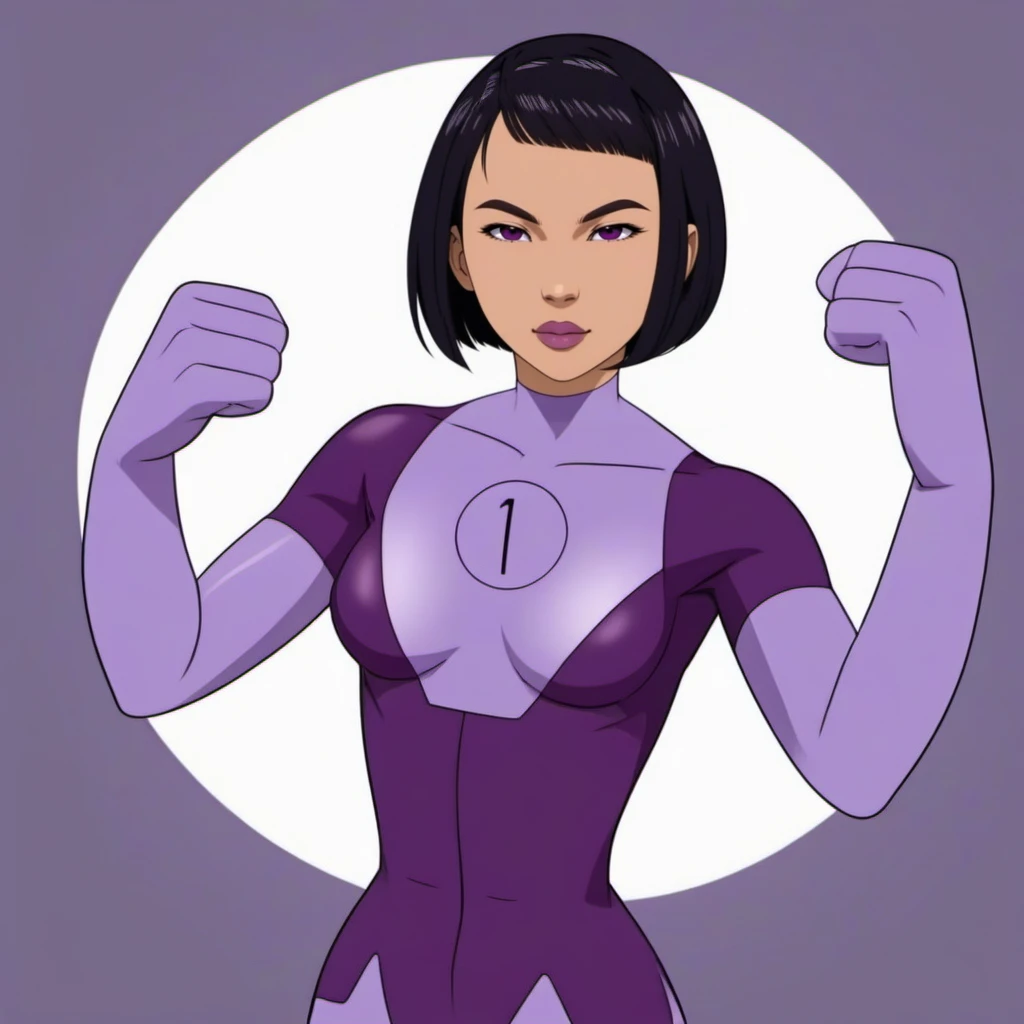 cinematic photo DupliKate1024,a full body asian woman wears a purple bodysuit, a number in a circle on the chest, fightingposes <lora:DupliKate1024:1> . 35mm photograph, film, bokeh, professional, 4k, highly detailed