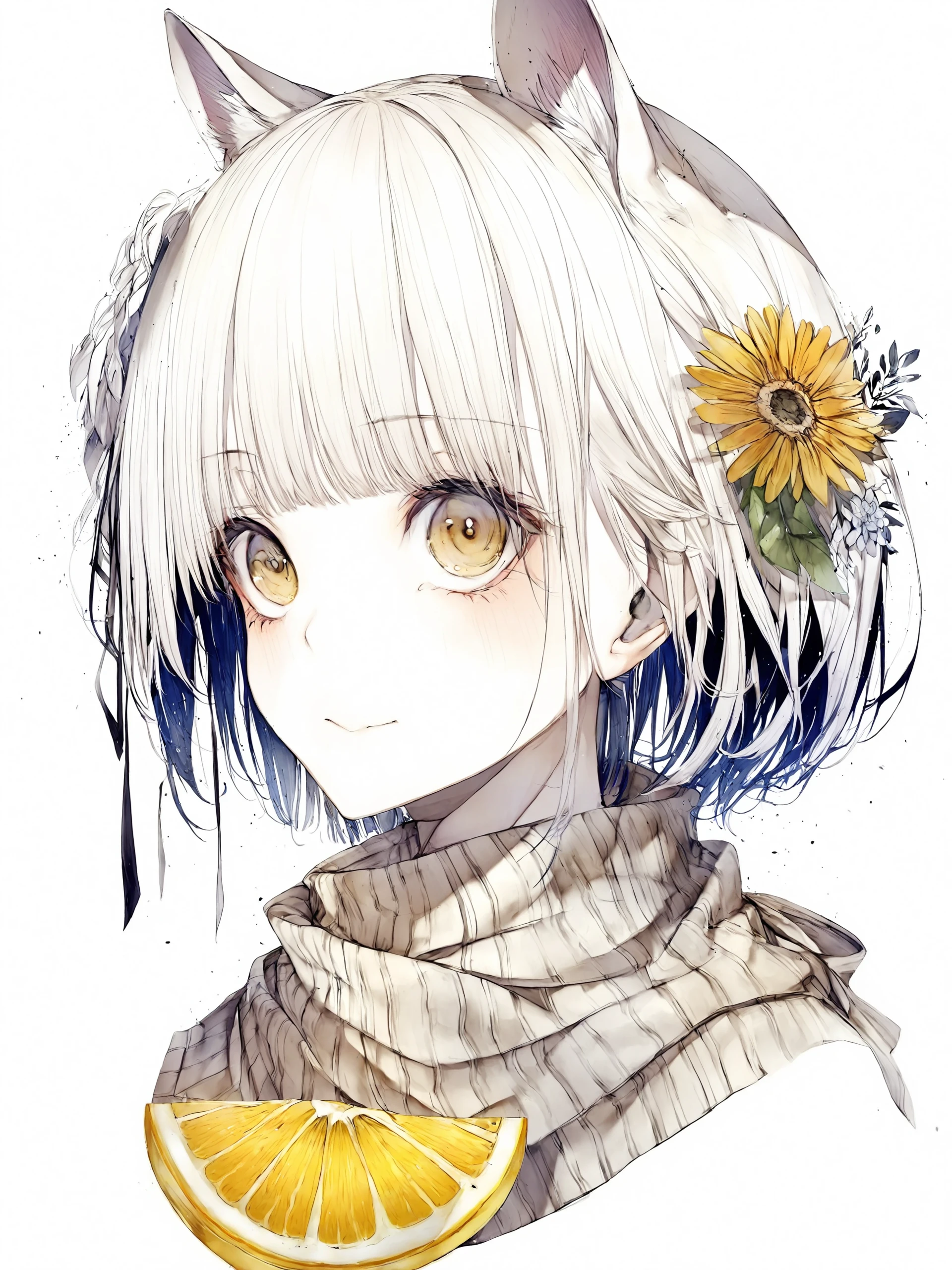 1girl, hito komoru,
animal ears, blush, hair ornament, short hair, white background, flower,hair flower, fruit, blunt bangs, scarf, yellow eyes, white hair, portrait, pale skin, lemon slice,
<lora:kohaku_delta_style_hito_komoru_f8-000048:1> ,