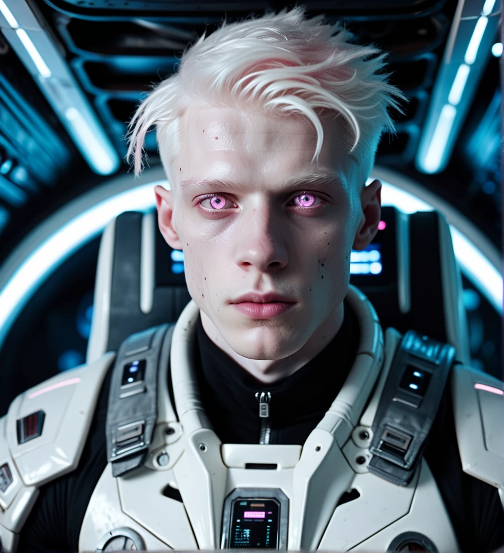 <lora:add_detail:1> (Raw, Analog), (gritty sci-fi cyberpunk style), ((Close-up of a young thin Albino male with pale pink eyes and stark white hair working inside a huge spaceship)), depth, cables, pipes, grime, industrial, ((film grain, ultra detailed skin, 8k HDR, dslr,)) cinematic, body horror, maximum detail, RTX, (elaborate real lighting)