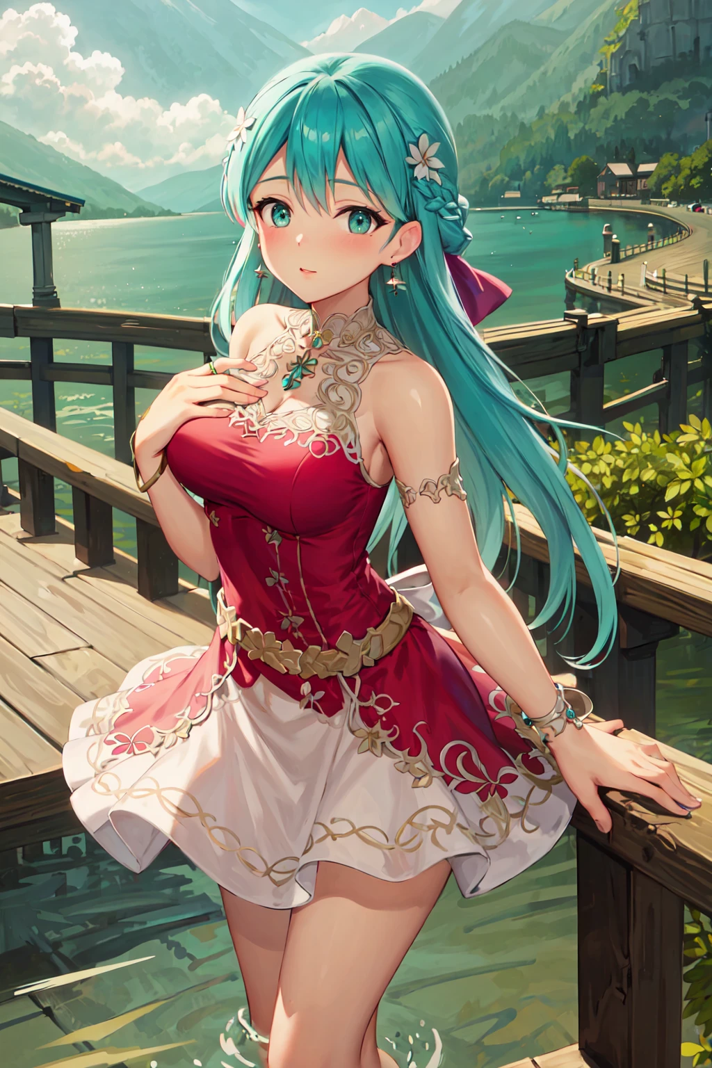 masterpiece, best quality, highres, neraflora, long hair, breasts, aqua eyes, hair ornament, flower, dress, bow, jewelry, aqua hair, braid, earrings, sleeveless, bracelet, single-shoulder dress, bare shoulders, <lora:NeraFlora_Dragon_Quest:1>, looking at viewer, pier, stretching into water, scenic views, leisurely stroll