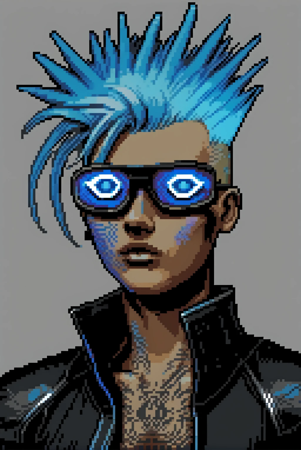 a man with neon blue hair styled into a mohawk, with digital tattoos glowing along their arms. They wear a sleek, black leather jacket with embedded LED displays, and their eyes are covered by augmented reality glasses displaying scrolling code. <lora:pixelportraits192-v1-2151:0.75>