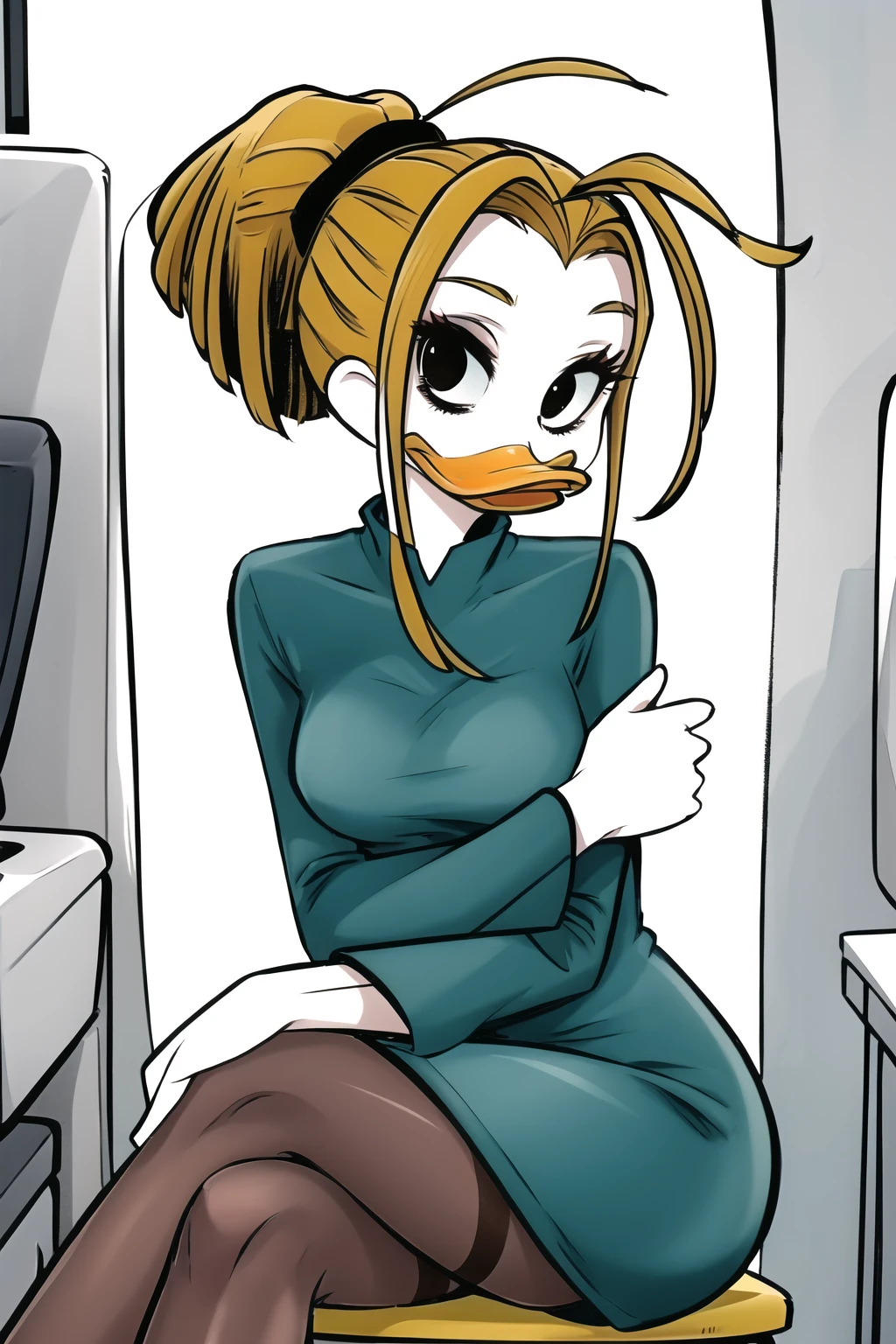 best quality, solo, lyla lay, beak, blonde hair, ponytail, black eyes, green dress, pantyhose, looking at viewer, crossed legs, office