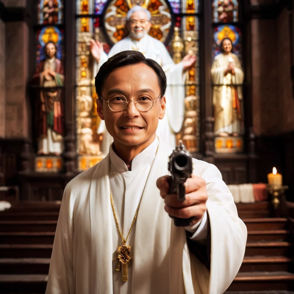 ((solo)),glasses, <lora:XL_Weapon_pistol:0.8> pointing pistol,gun,A realistic -style portrait of a male Taoist priest in white robes standing in a church. The background is intentionally blurred to draw focus to the figure, with light streaming through the stained glass windows behind him, casting a divine glow that illuminates the priest. The composition emphasizes the contrast between the serene, spiritual figure and the majestic, albeit out of focus, church interior, <lora:cowhead:0.8>